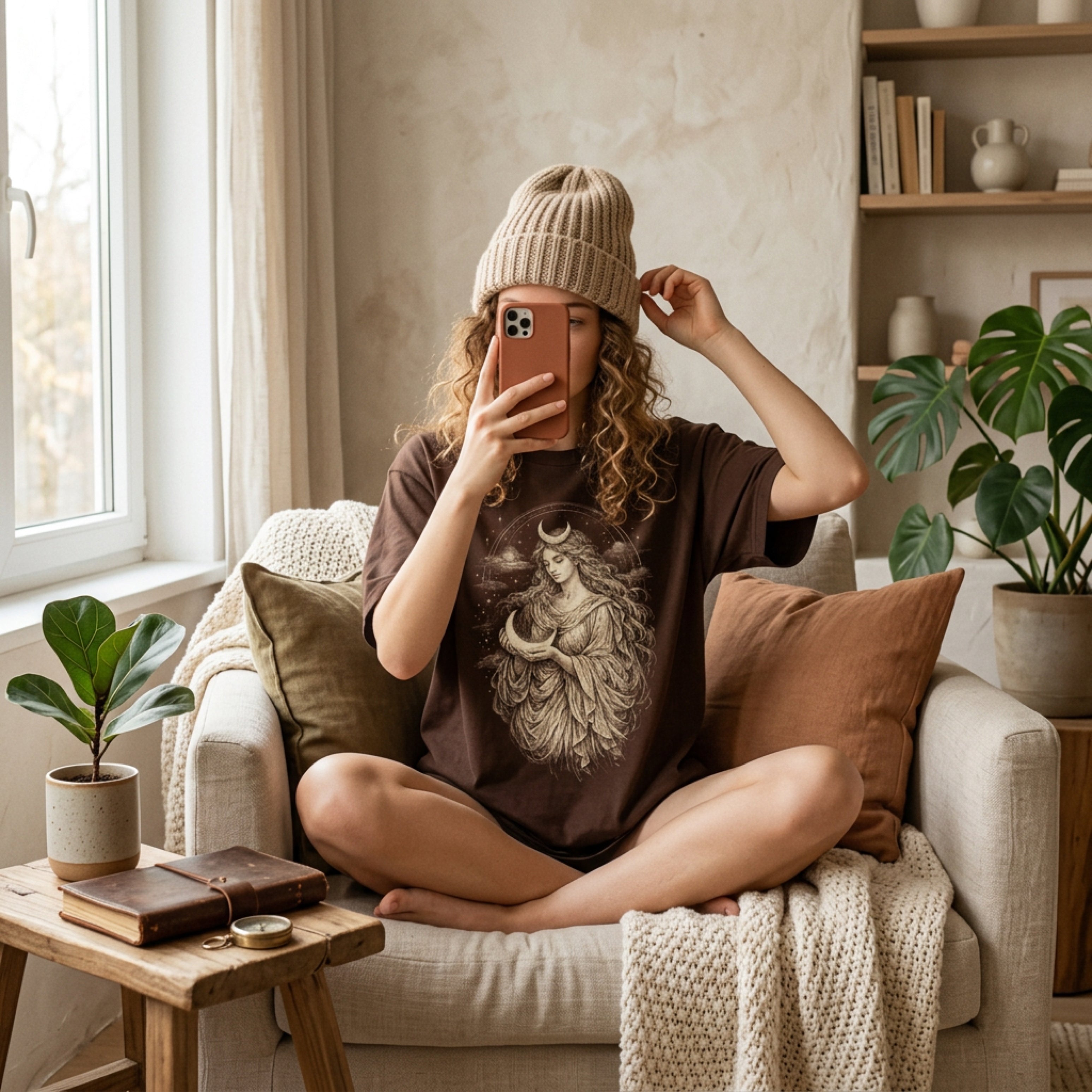 Woman in beanie and brown graphic tee sits cross-legged, holding a phone.