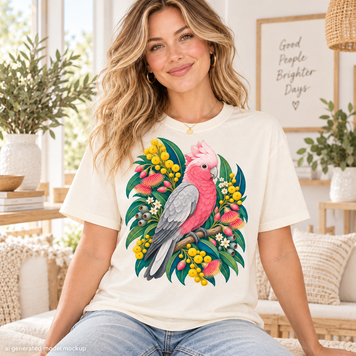 Cream t-shirt with a Galah parrot and Australian flora graphic design.