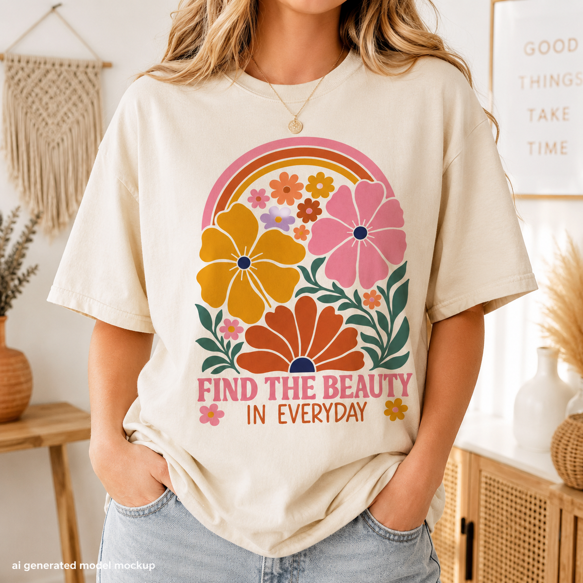 Cream t-shirt with rainbow, flowers, and text "Find the Beauty in Everyday".