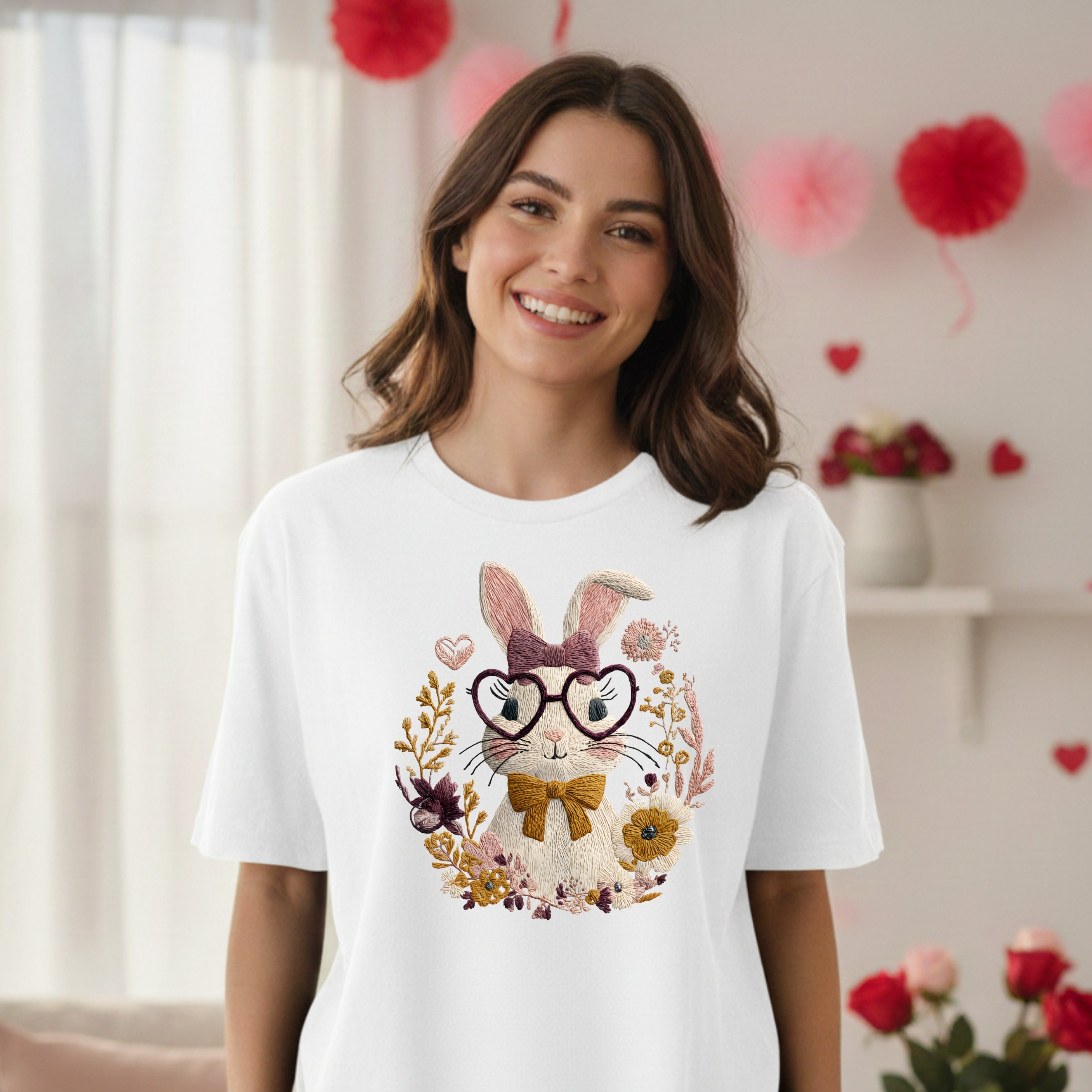 Cute Bunny with Glasses and Bow Floral Wreath Tee