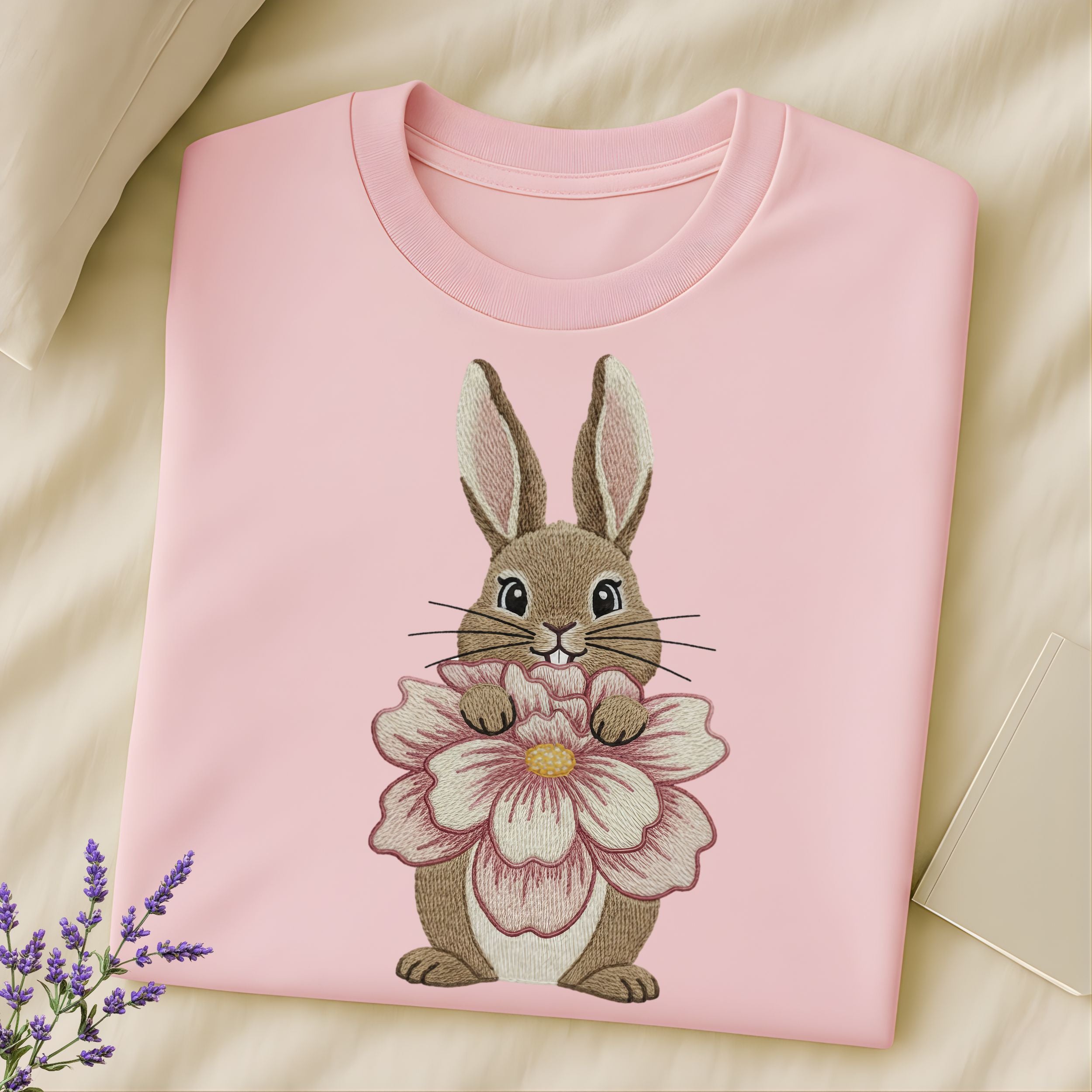 Cute Bunny Holding Flower Design on Pink Shirt