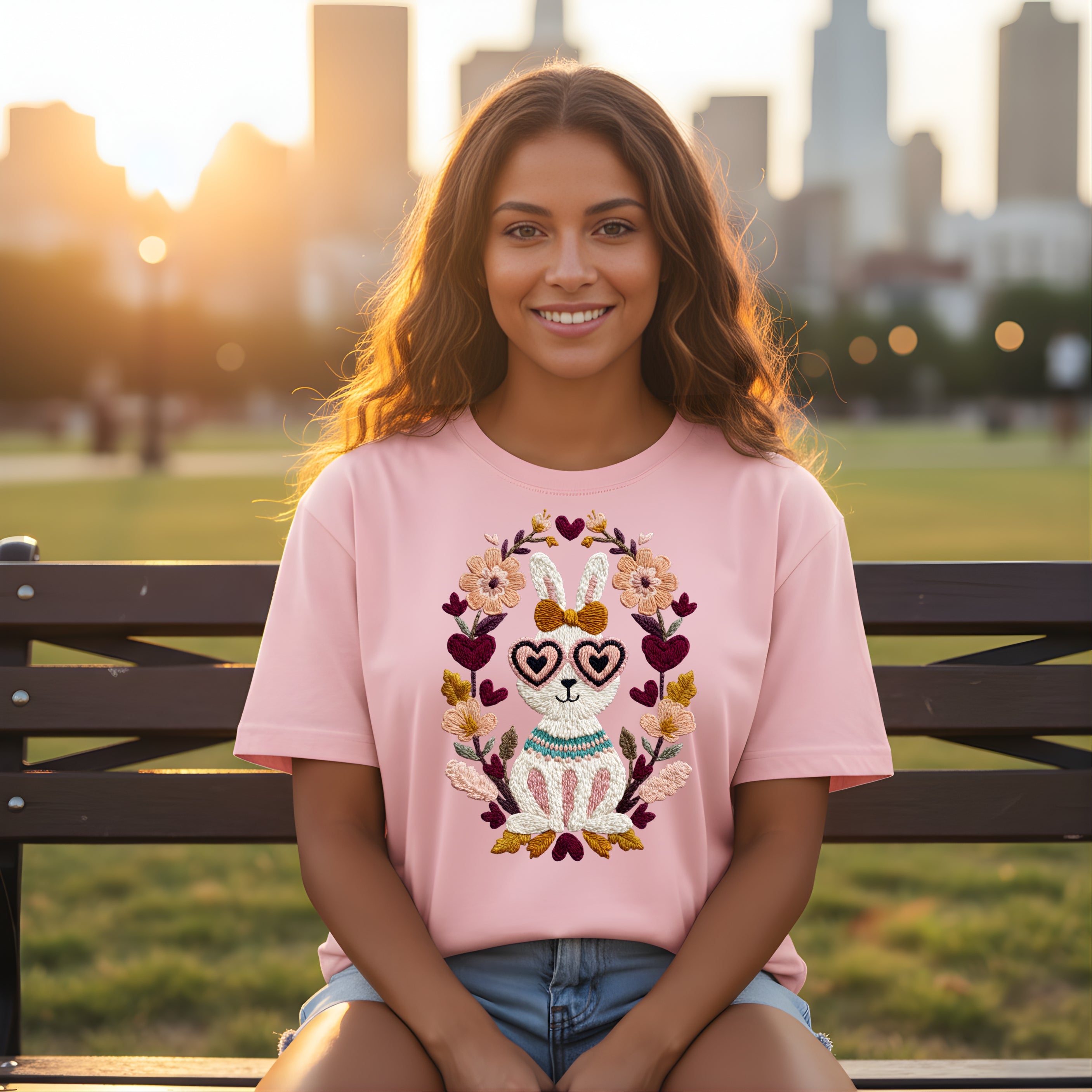 Cute Bunny with Heart Glasses Pink T-shirt Product