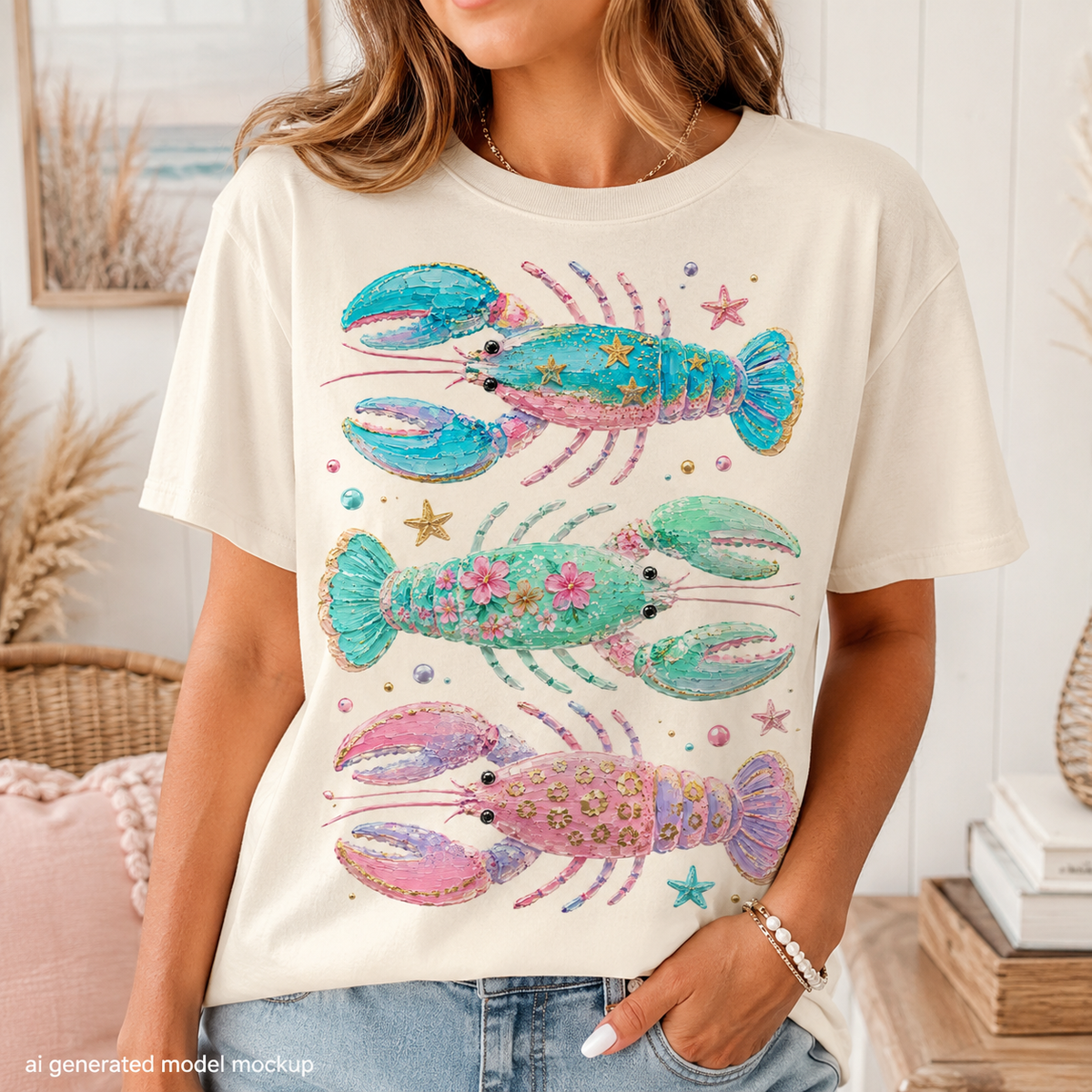 Three watercolor lobsters in blue, teal, and pink with decorative details on a cream t-shirt.