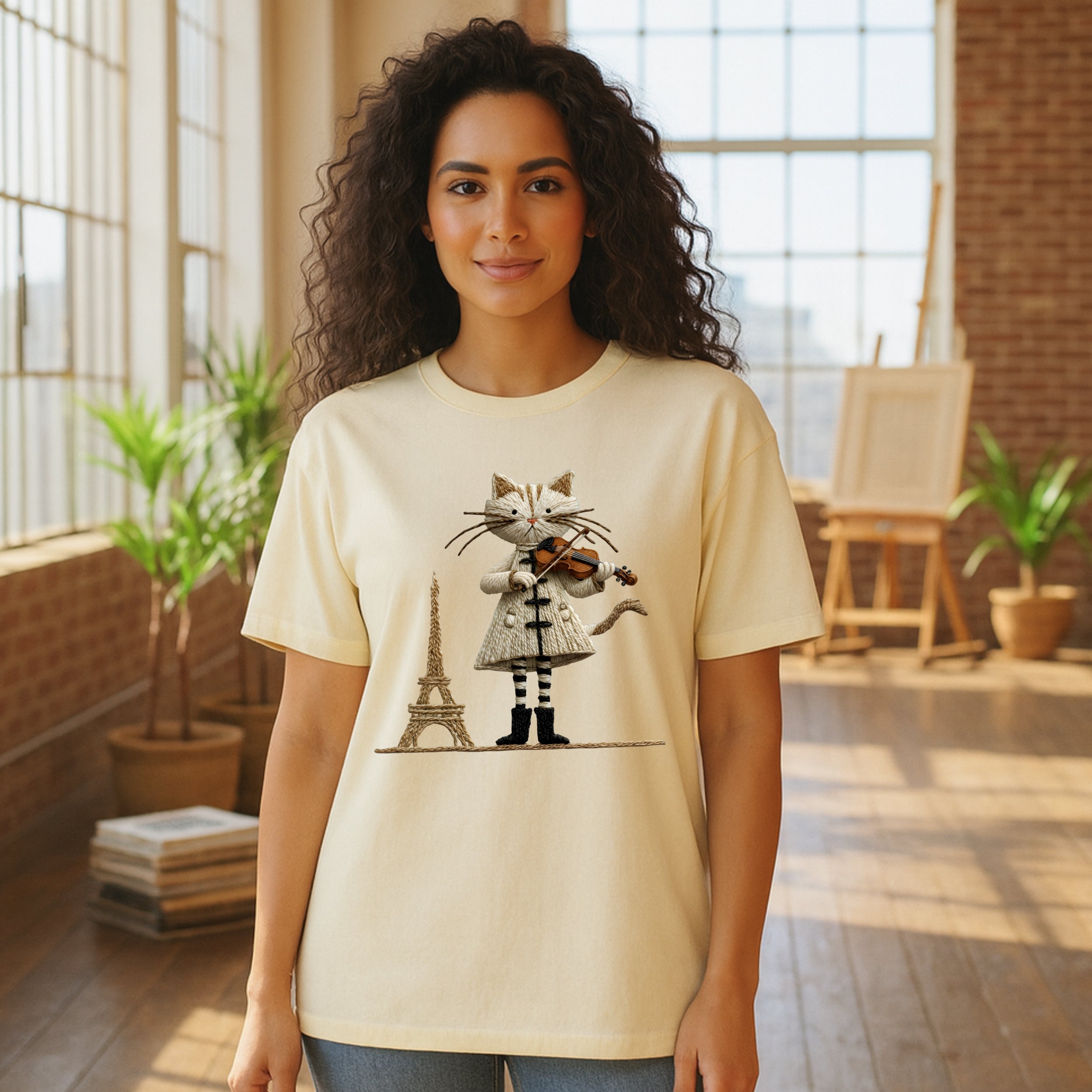 Playful Cat with Violin Eiffel Tower Graphic T-Shirt