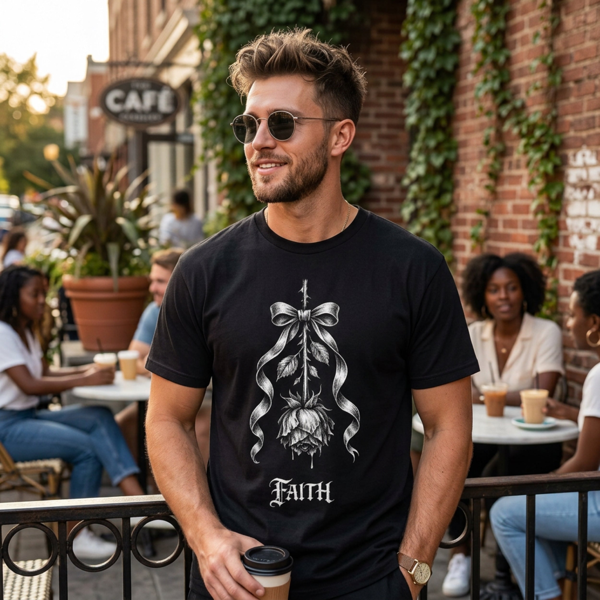 Man wearing black t-shirt with a white rose and ribbon graphic, "Faith" text.