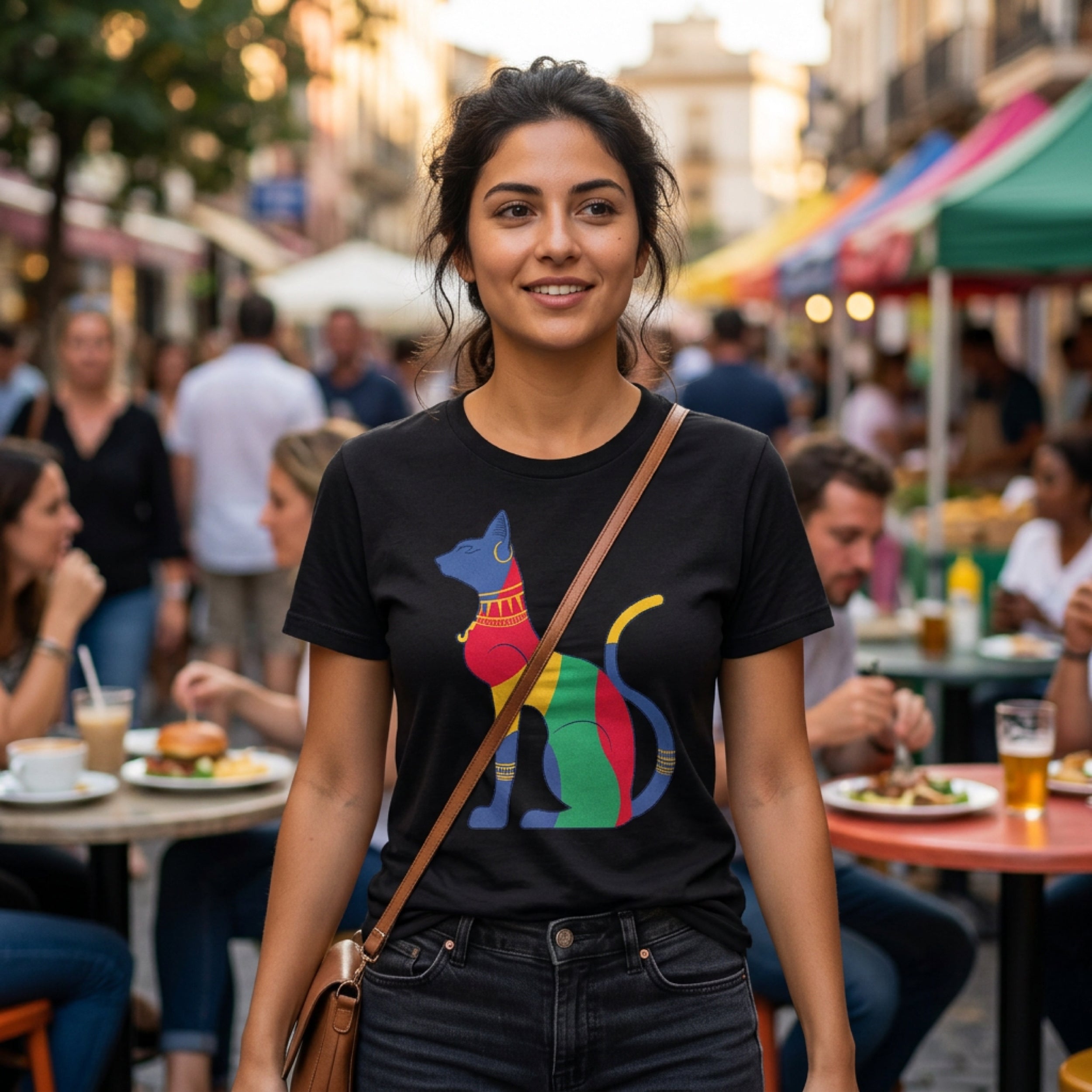 Woman wearing a black t-shirt with a colorful cat graphic.