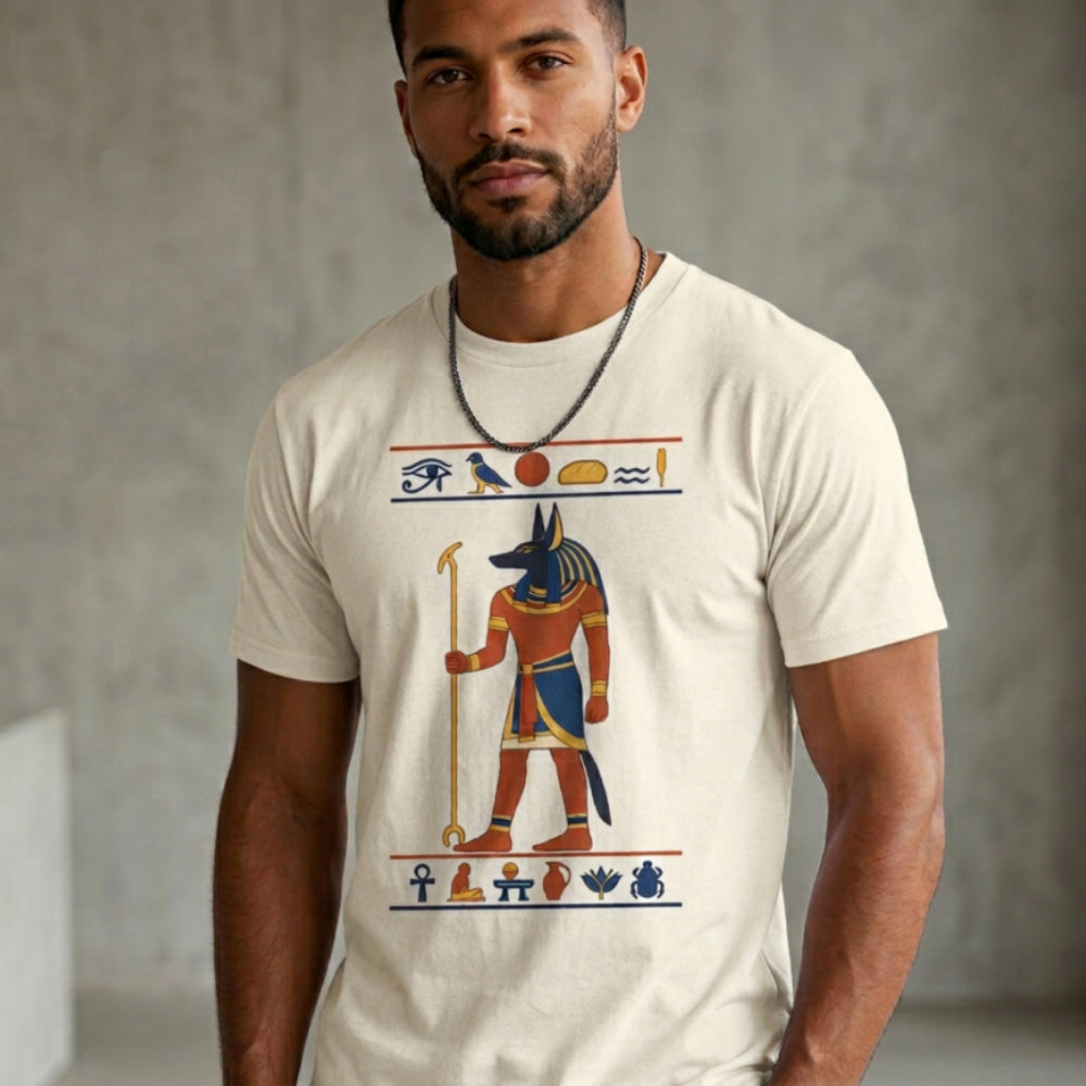 T-shirt with Anubis graphic and Egyptian hieroglyphs.
