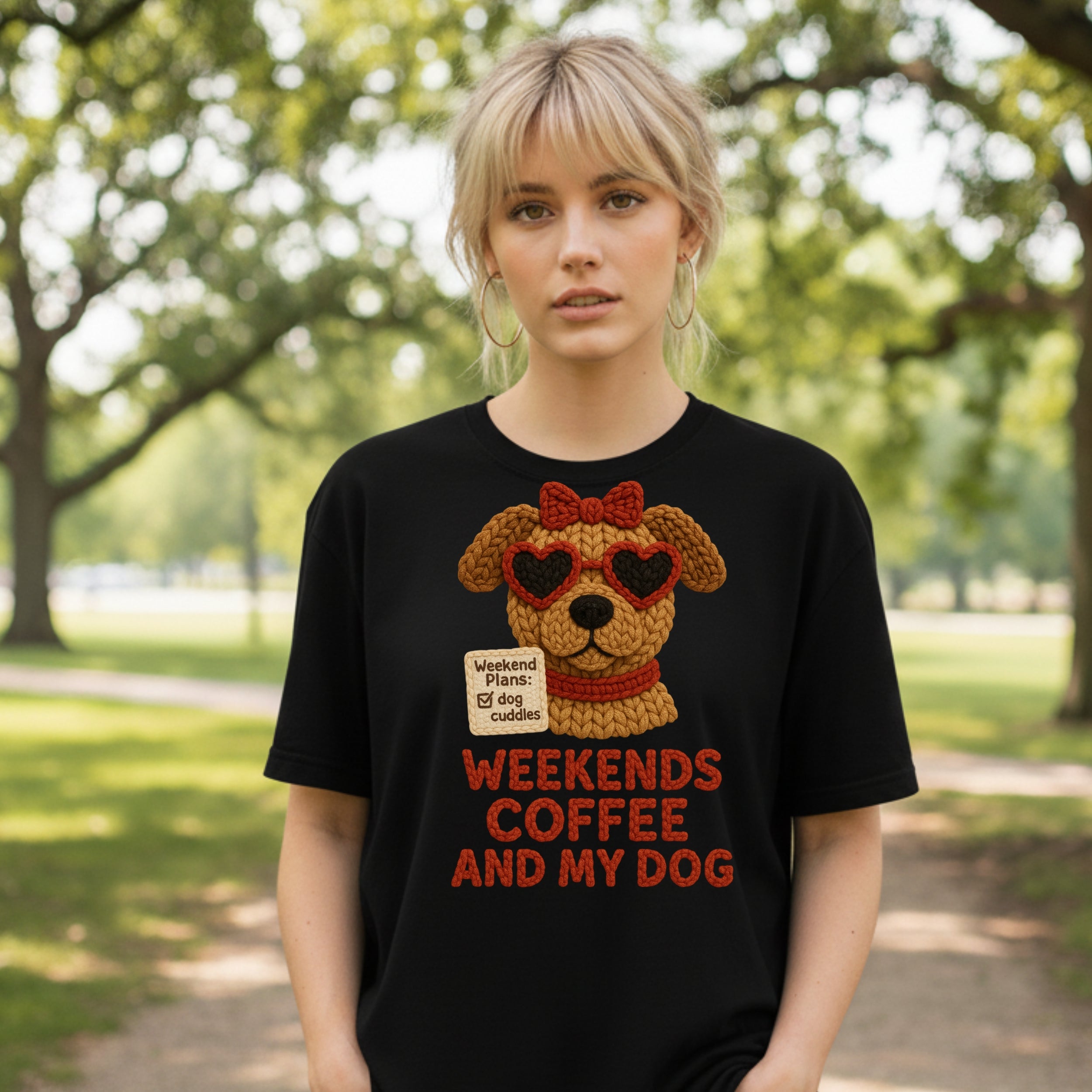 Black t-shirt with a knitted dog wearing heart sunglasses and a bow tie, holding a sign.