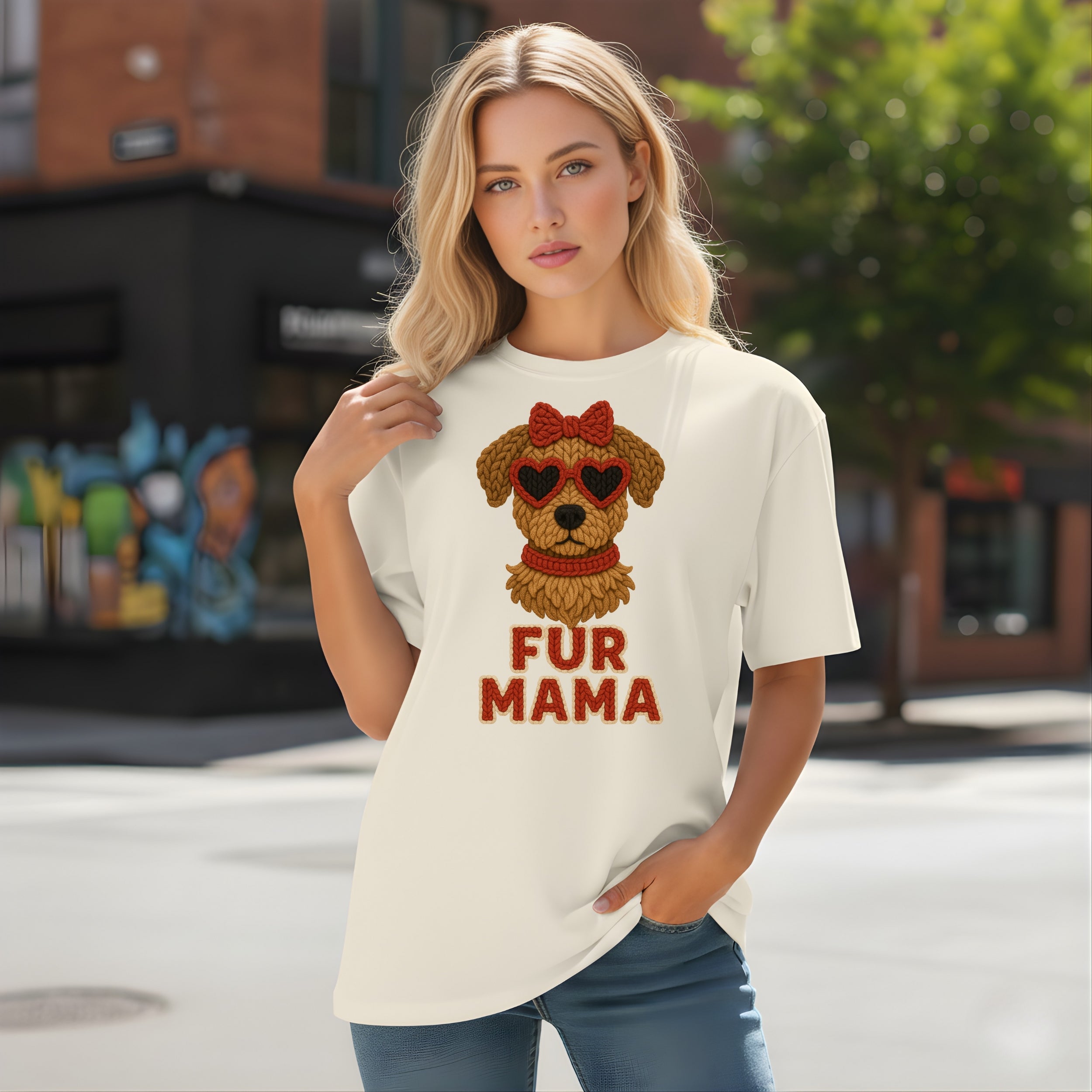 Cream t-shirt with "FUR MAMA" text and heart sunglasses over a dog graphic.
