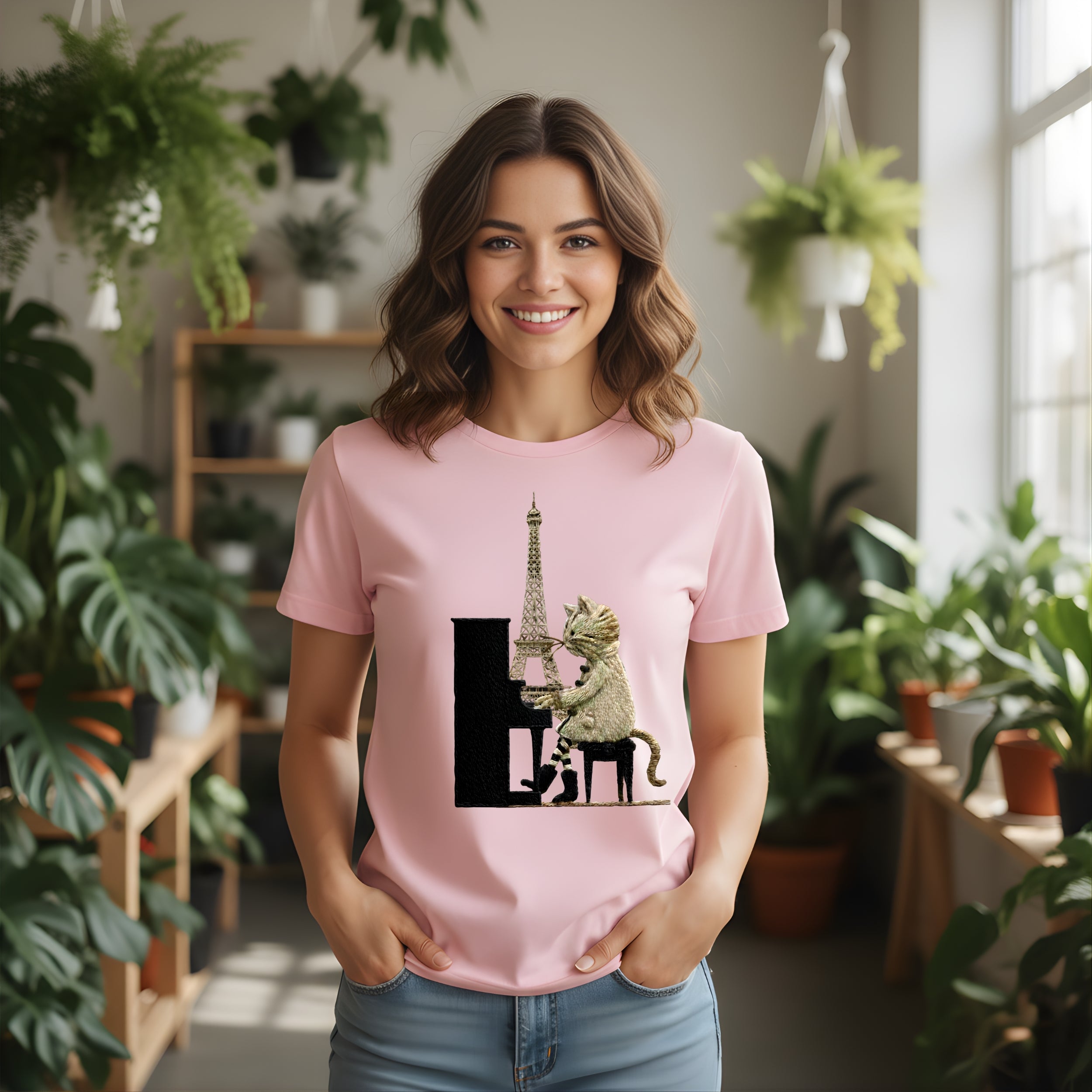 Cat Playing Piano with Eiffel Tower Pink T-shirt