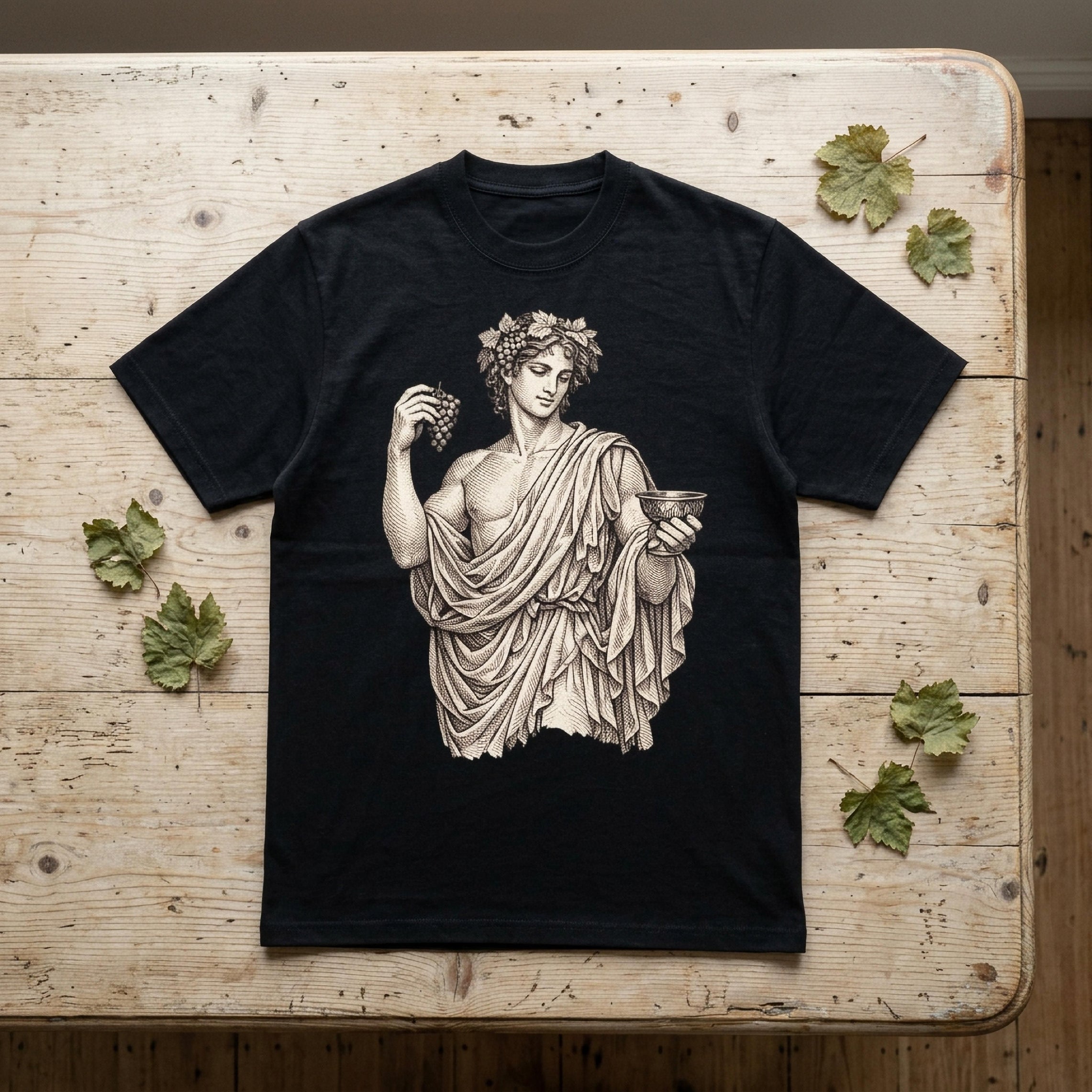 Black t-shirt with illustration of Dionysus holding grapes and a goblet.