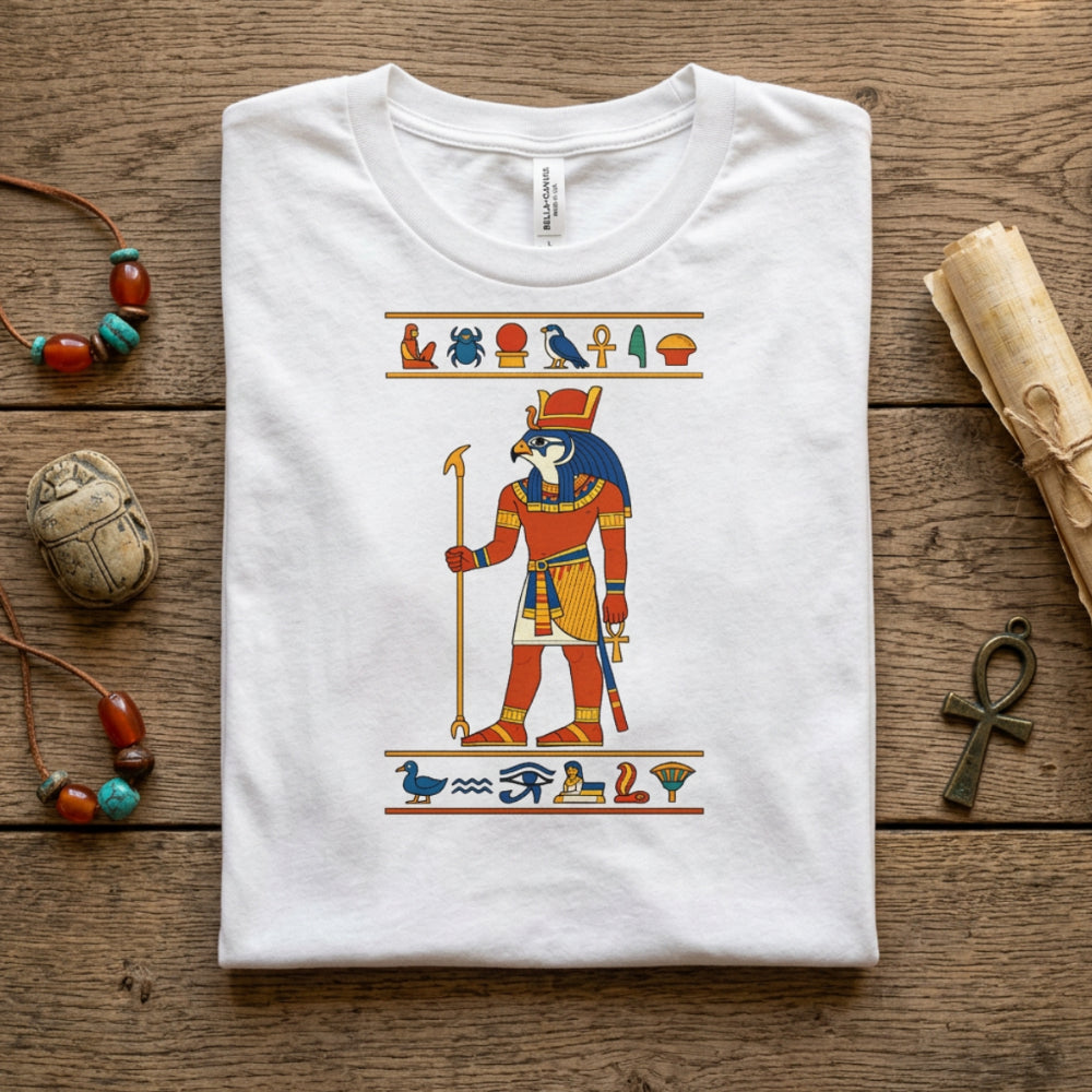 White t-shirt with Horus deity and hieroglyphs, ankh, and scarab beetle.
