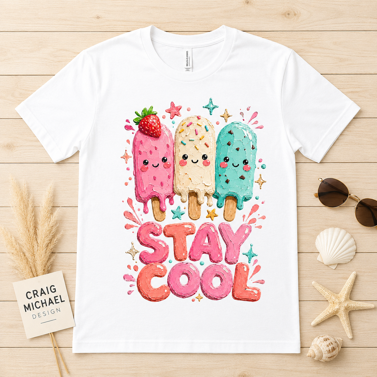 White t-shirt with cartoon popsicles and "STAY COOL" text.
