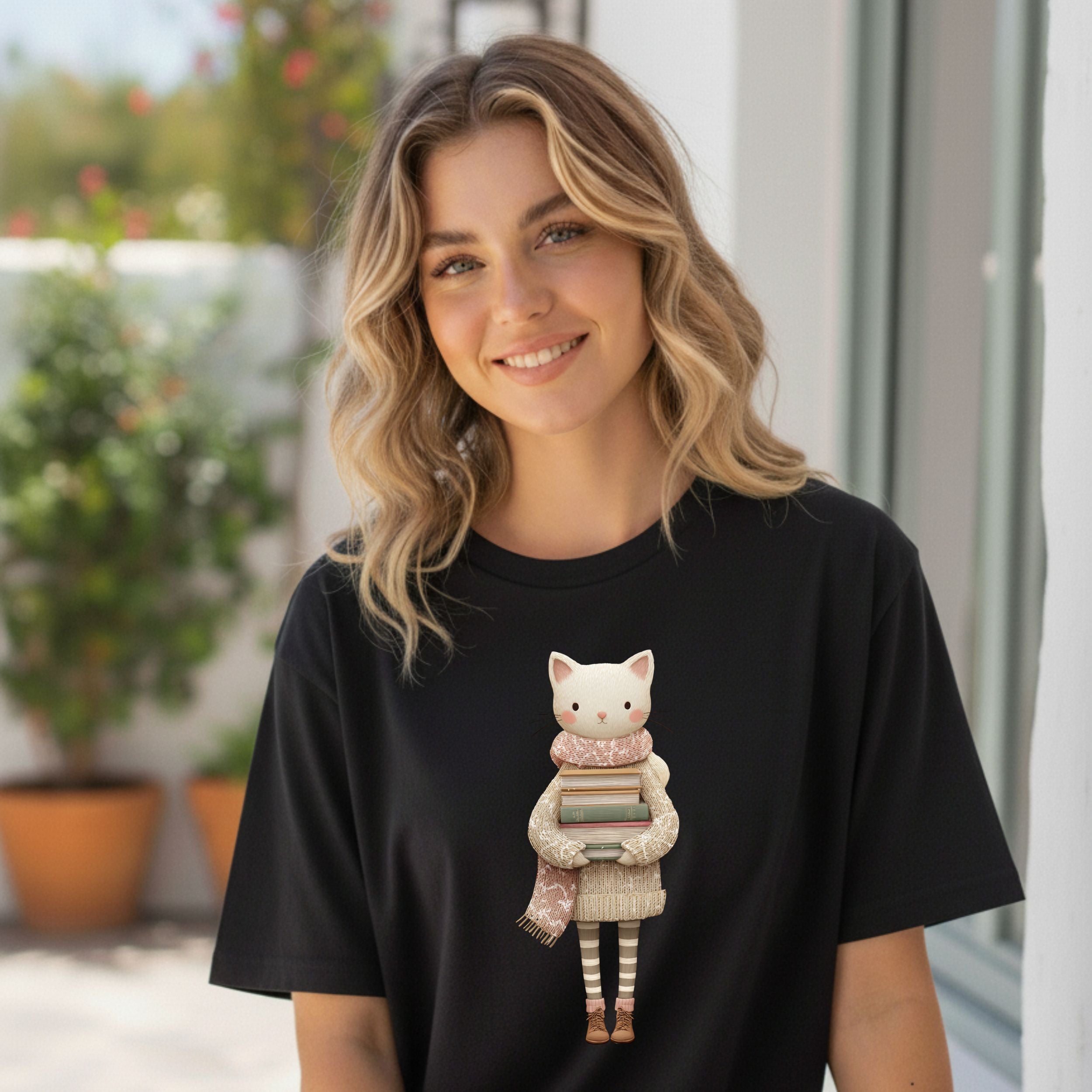 Cute Cat with Books Graphic on Black Shirt