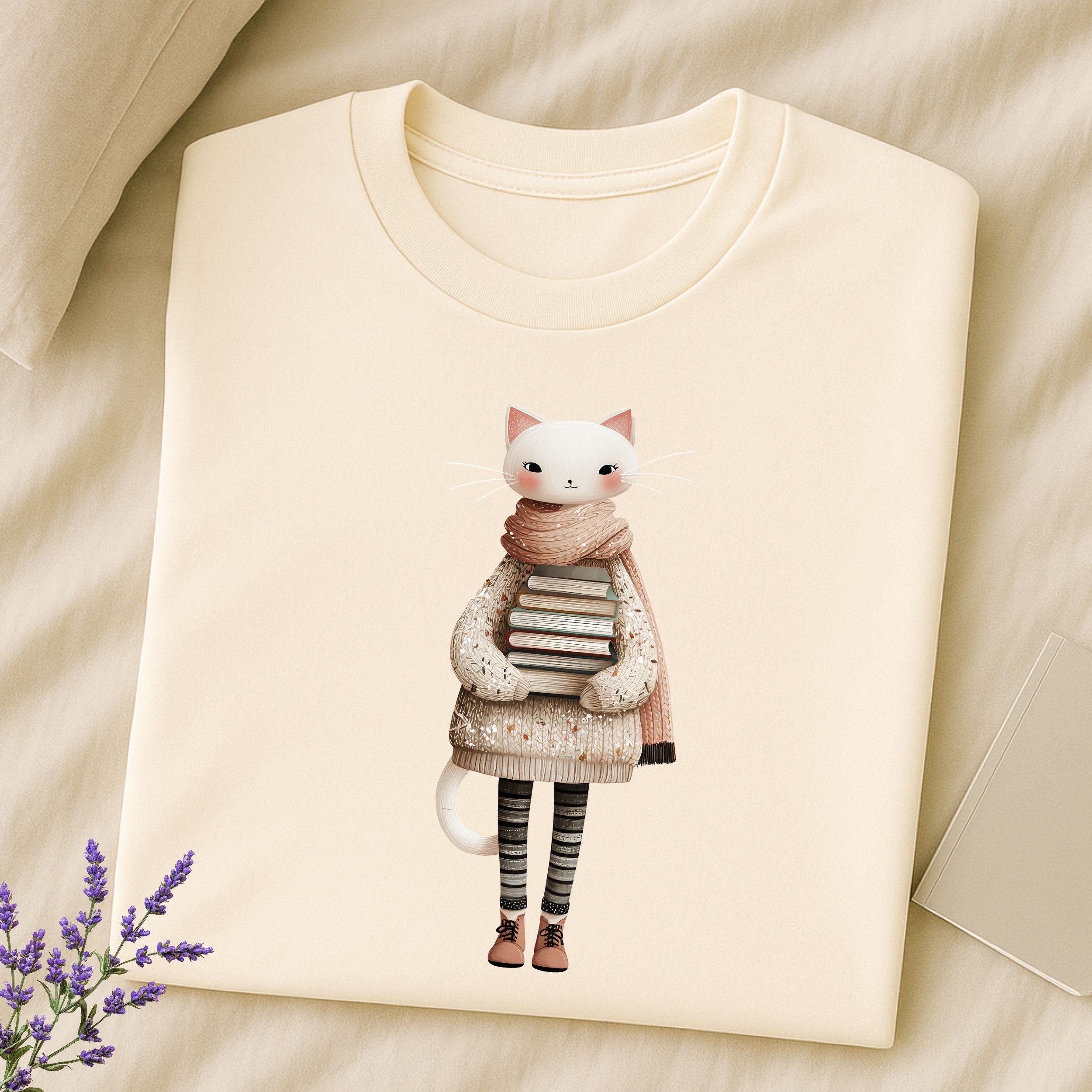 Cute Cat with Books Holding Cozy Scarf Tee Shirt