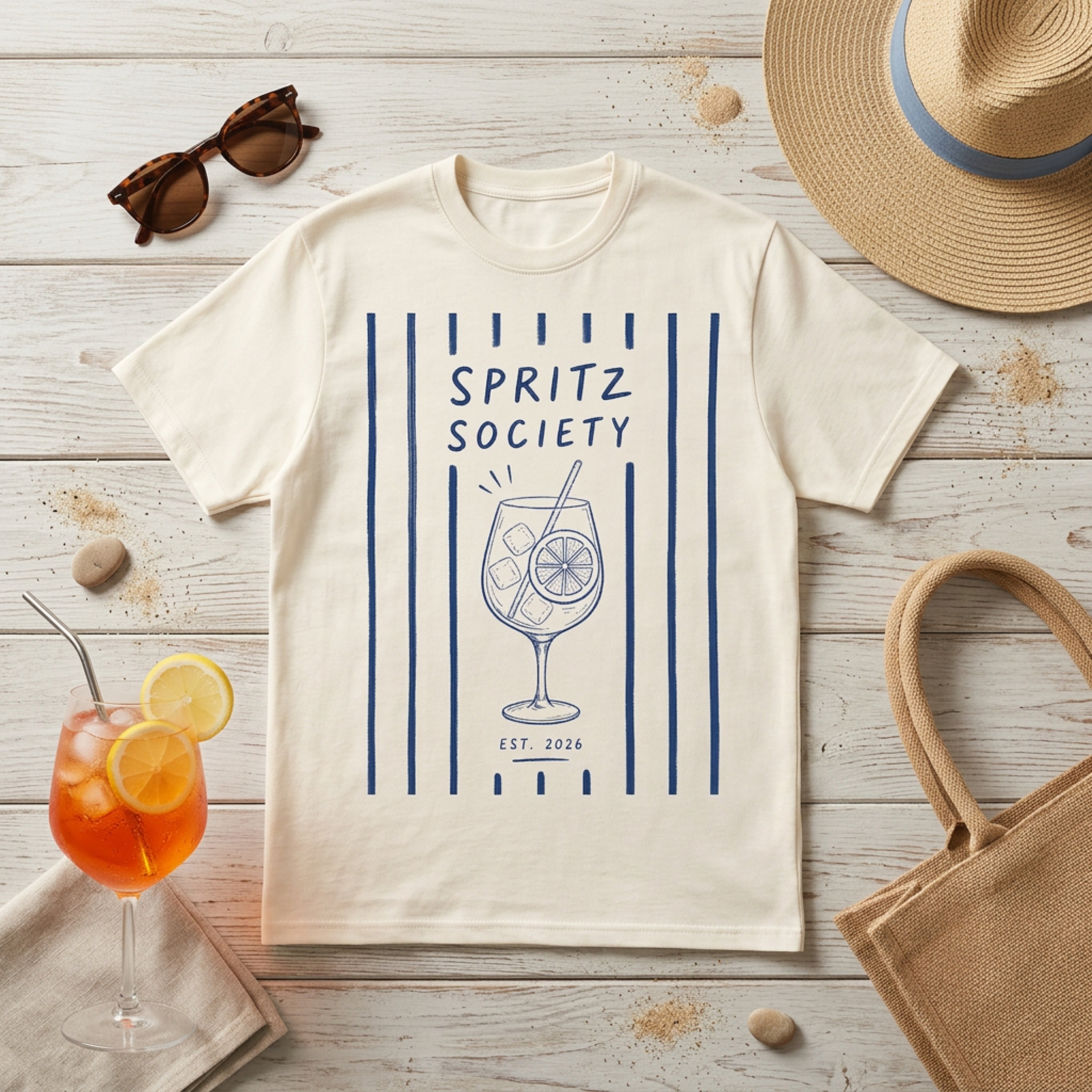 Cream t-shirt with "SPRITZ SOCIETY" and cocktail illustration.