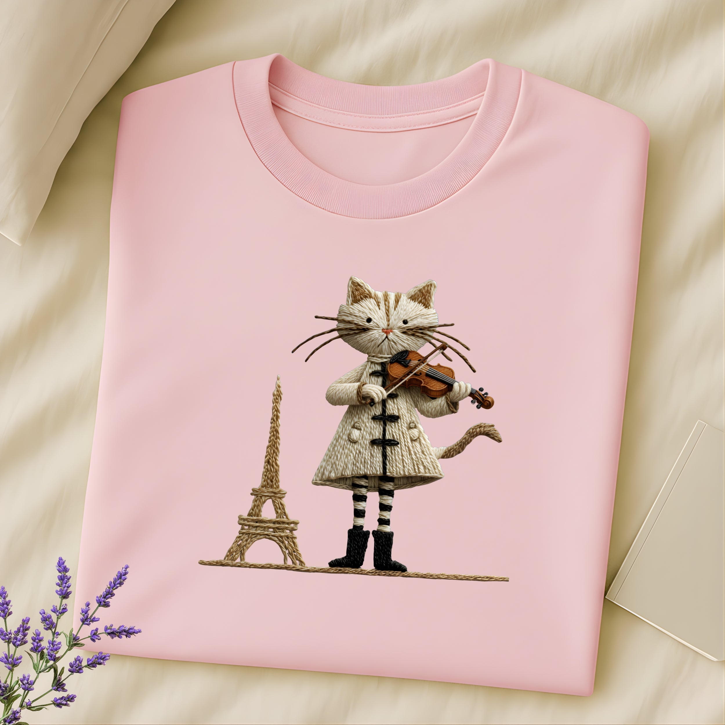 Cute Cat Playing Violin with Eiffel Tower Design Shirt