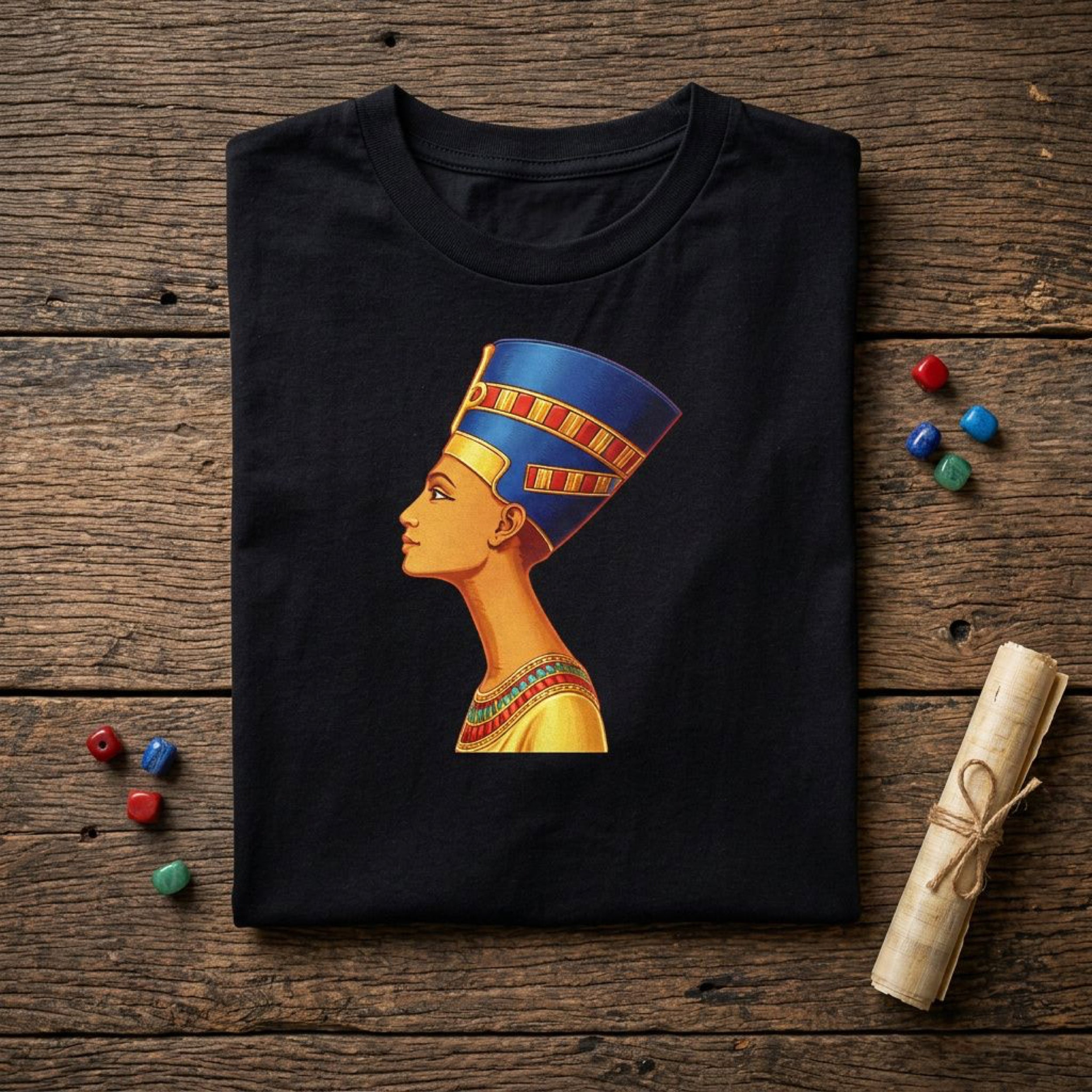 Black t-shirt with Nefertiti profile graphic, on a wooden surface.