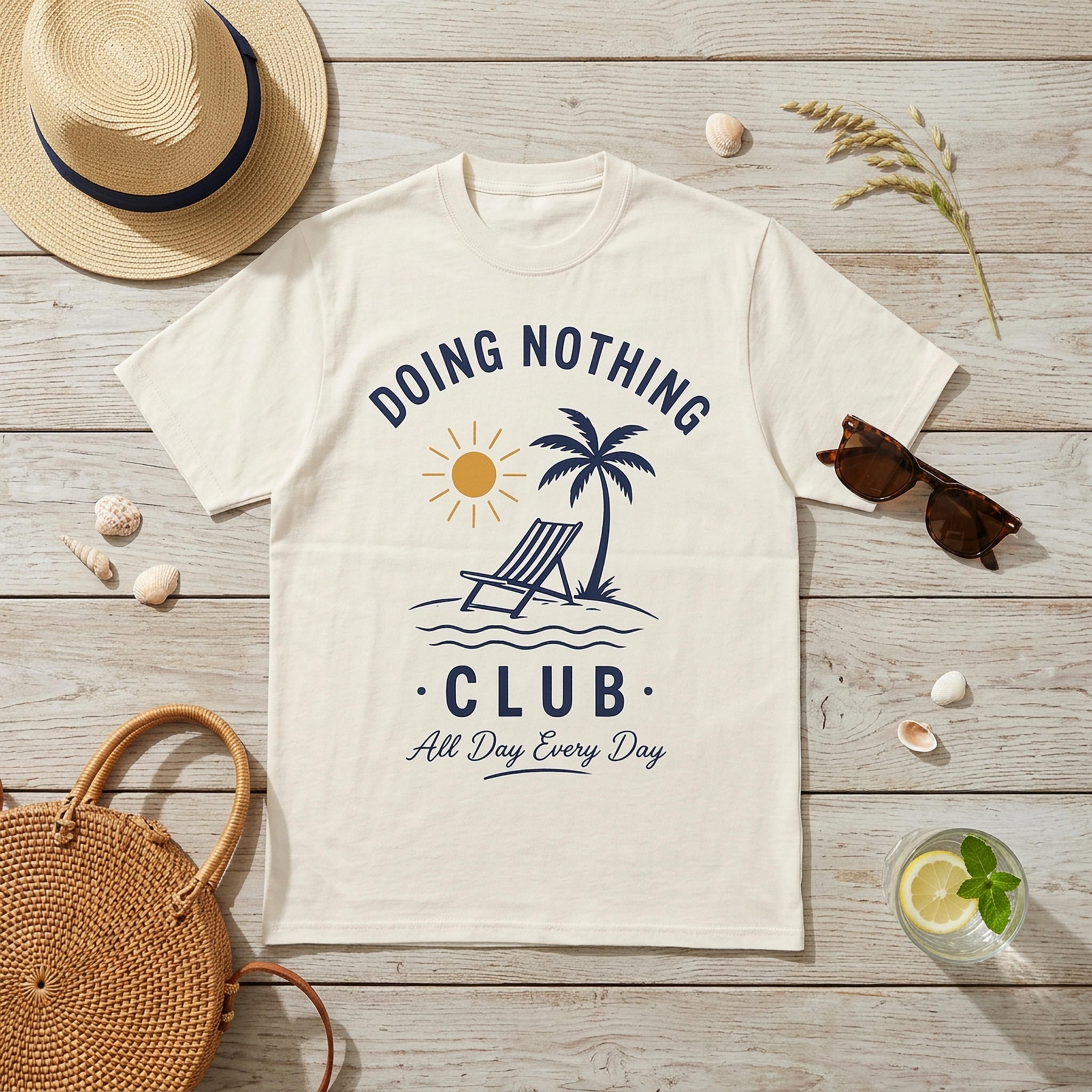 Cream t-shirt with "Doing Nothing Club" and beach chair graphic.