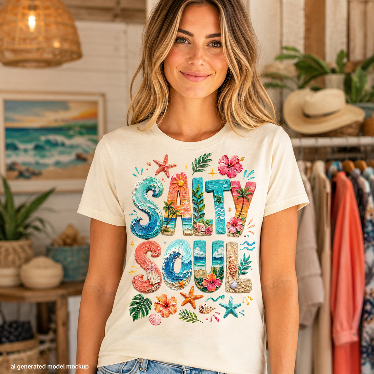 Cream t-shirt with colorful "SALTY SOUL" text and beach-themed graphics.