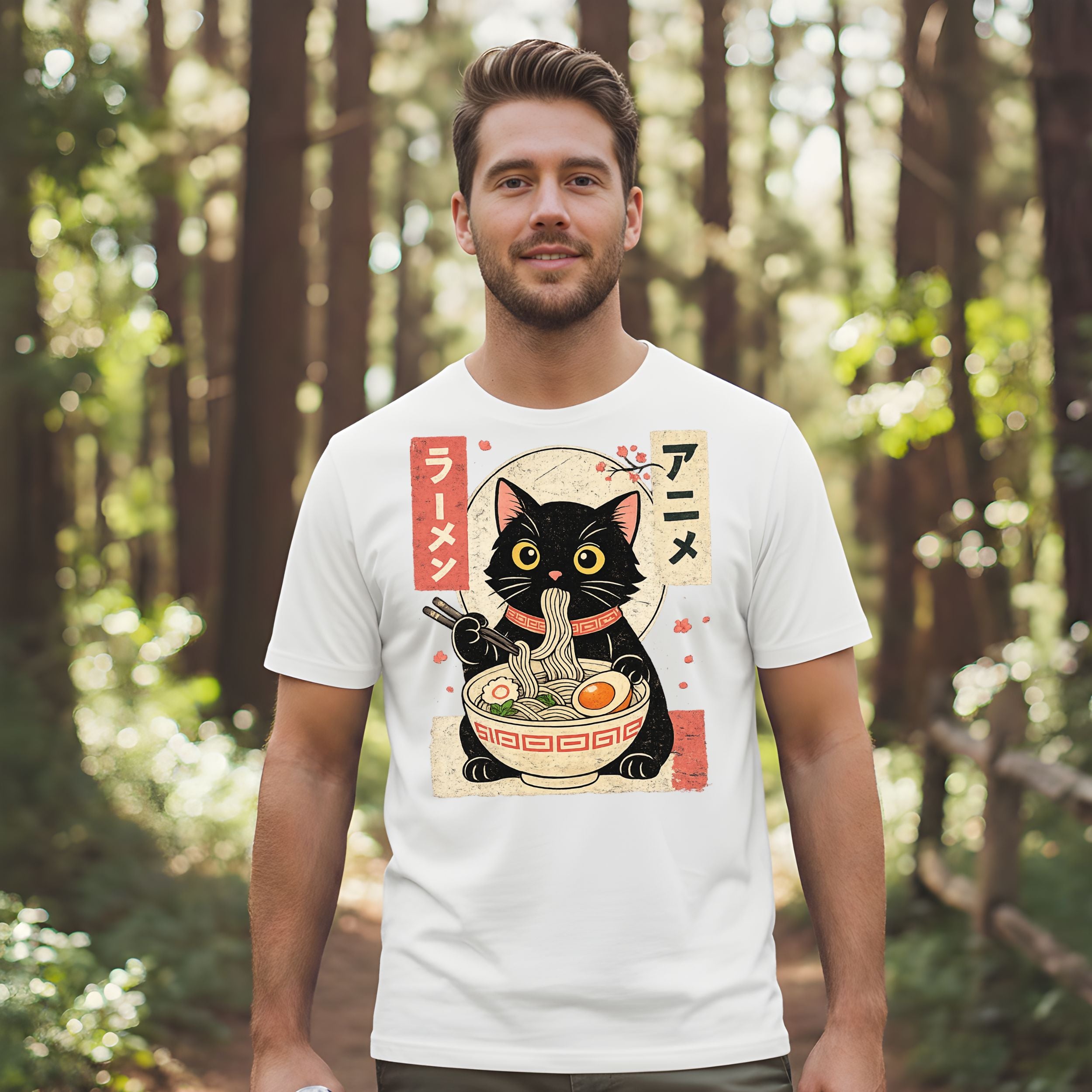 Cute Black Cat Eating Ramen T-Shirt for Anime Fans