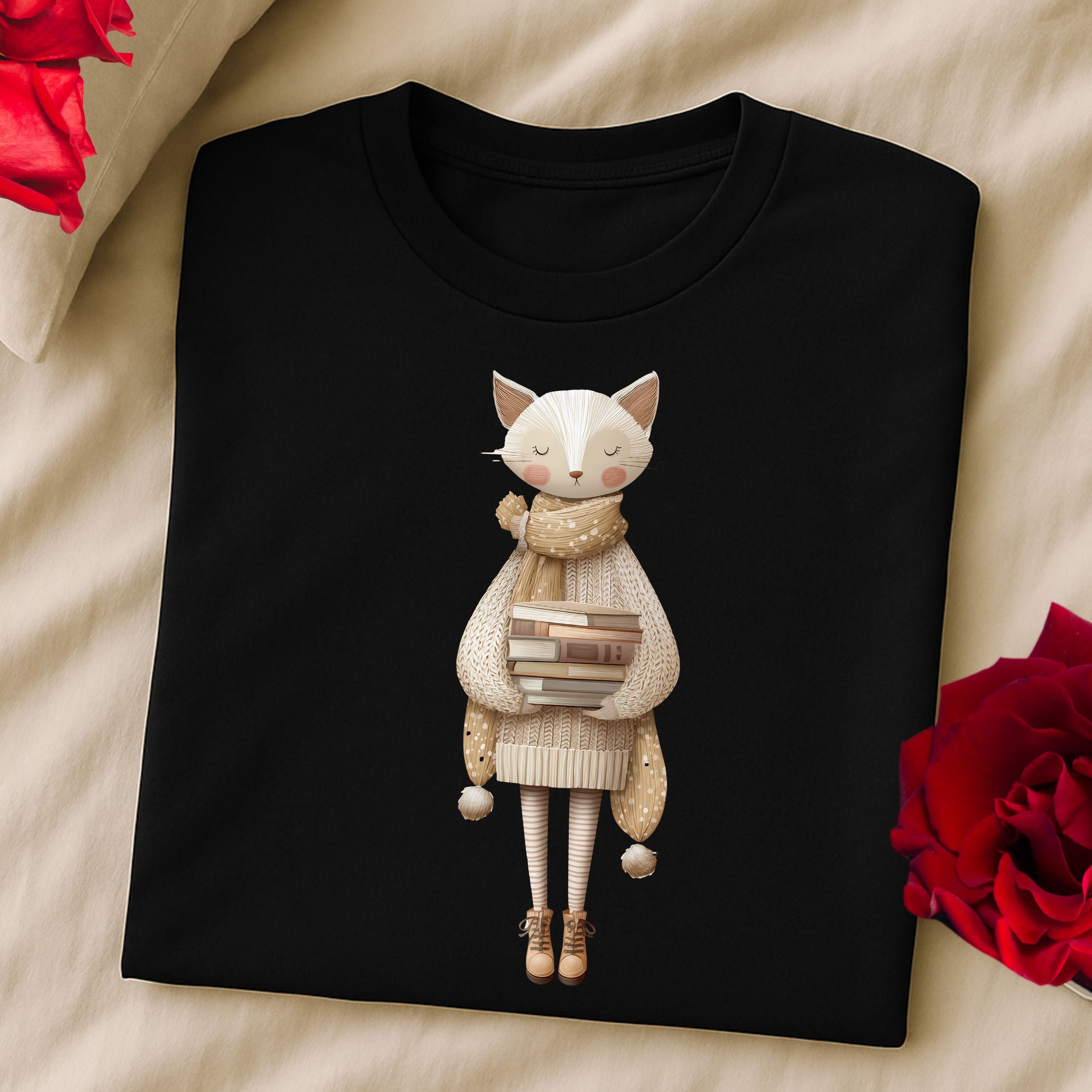 Cozy Cat with Books Illustration on Black Shirt