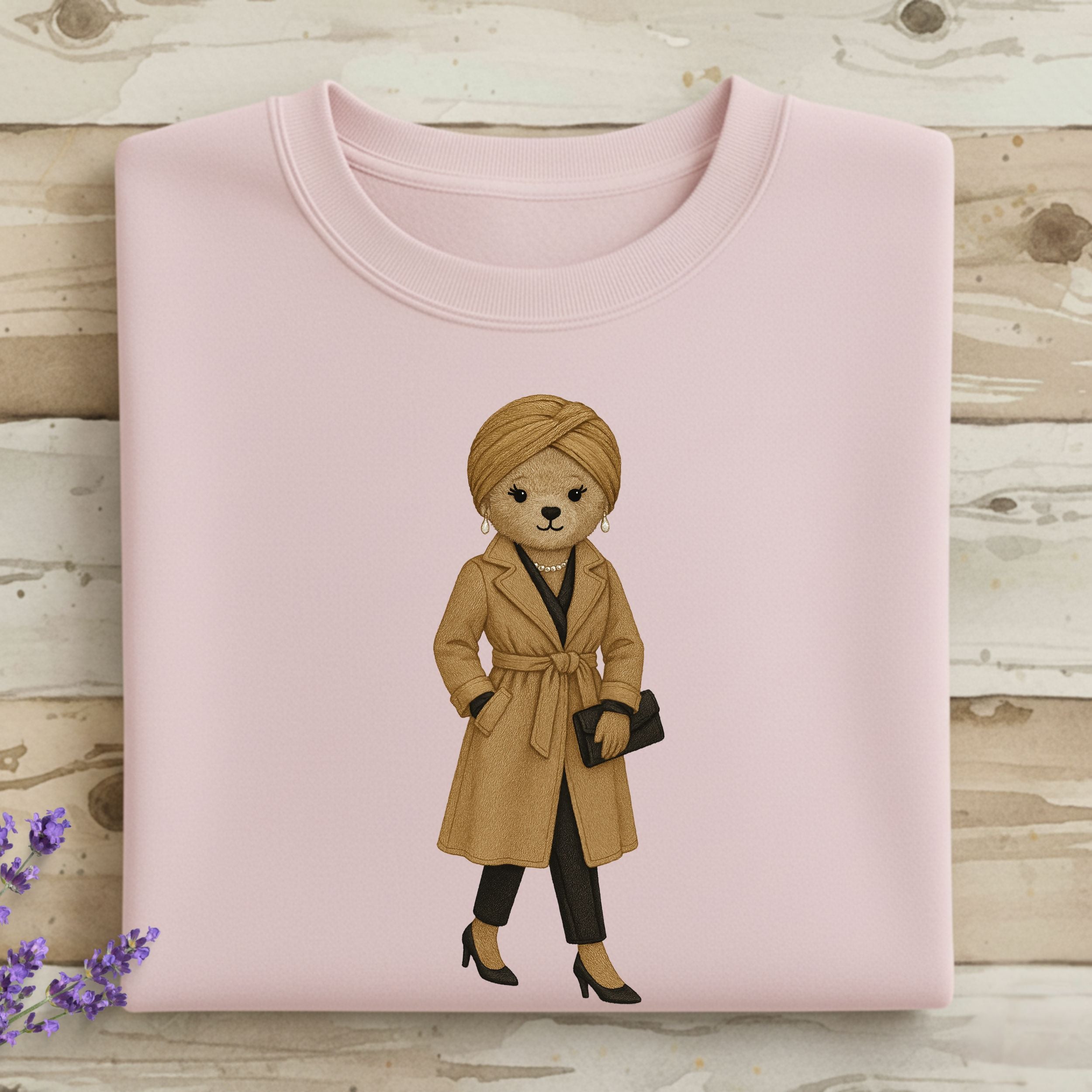 Stylish Bear Fashion Icon Print on Soft Pink Sweater