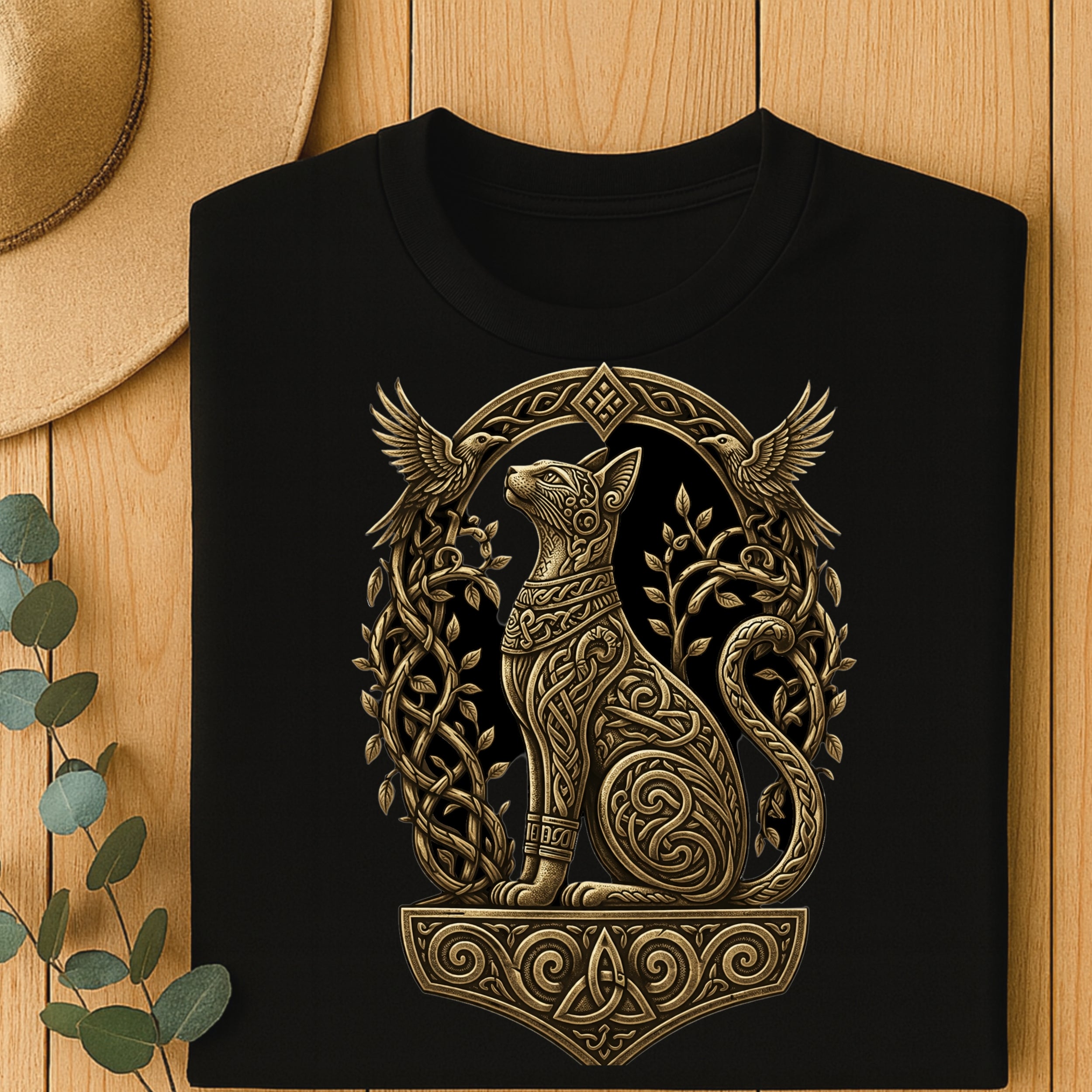 Black t-shirt featuring a golden Celtic knotwork cat with birds and foliage.