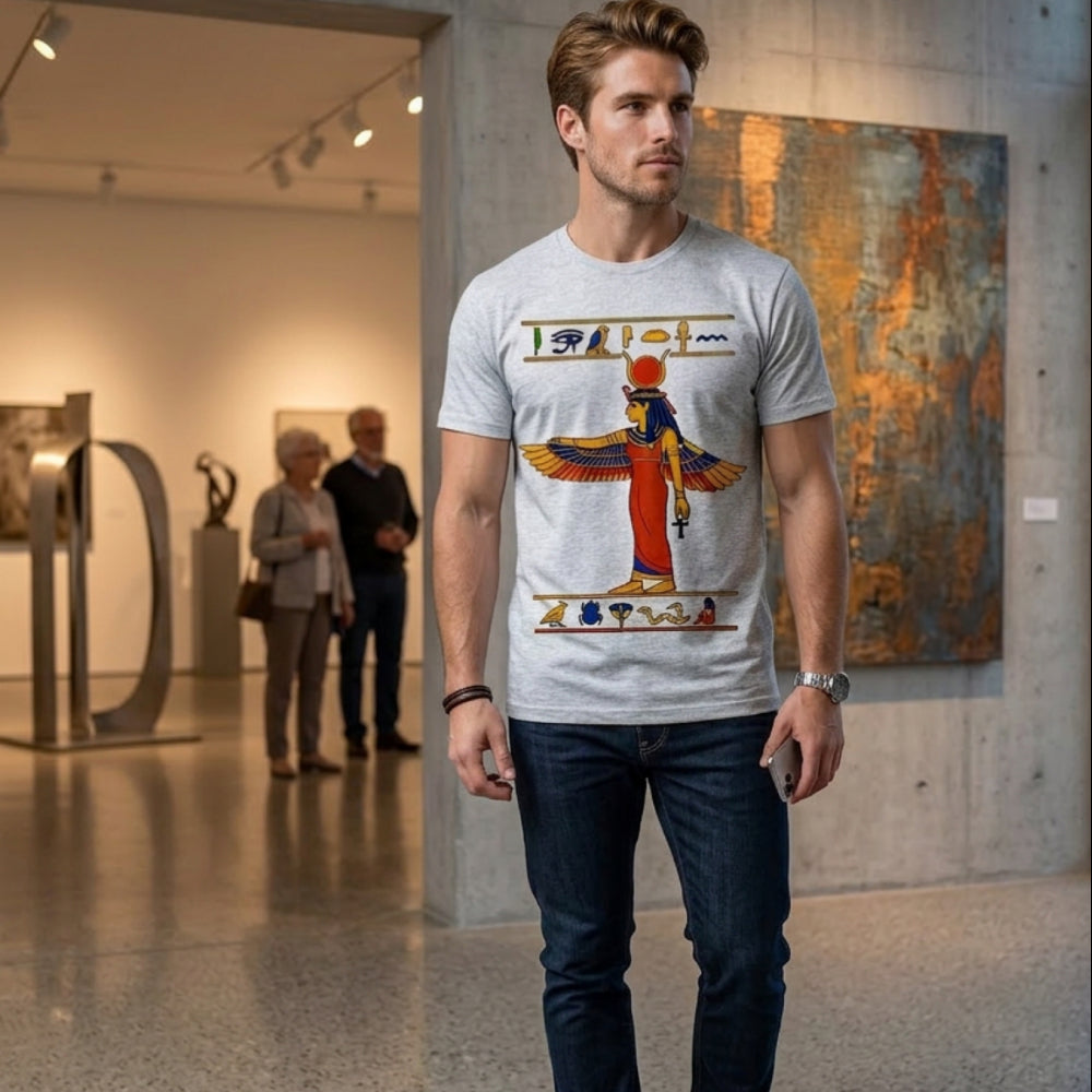 Man wearing a grey t-shirt with an Egyptian goddess graphic.