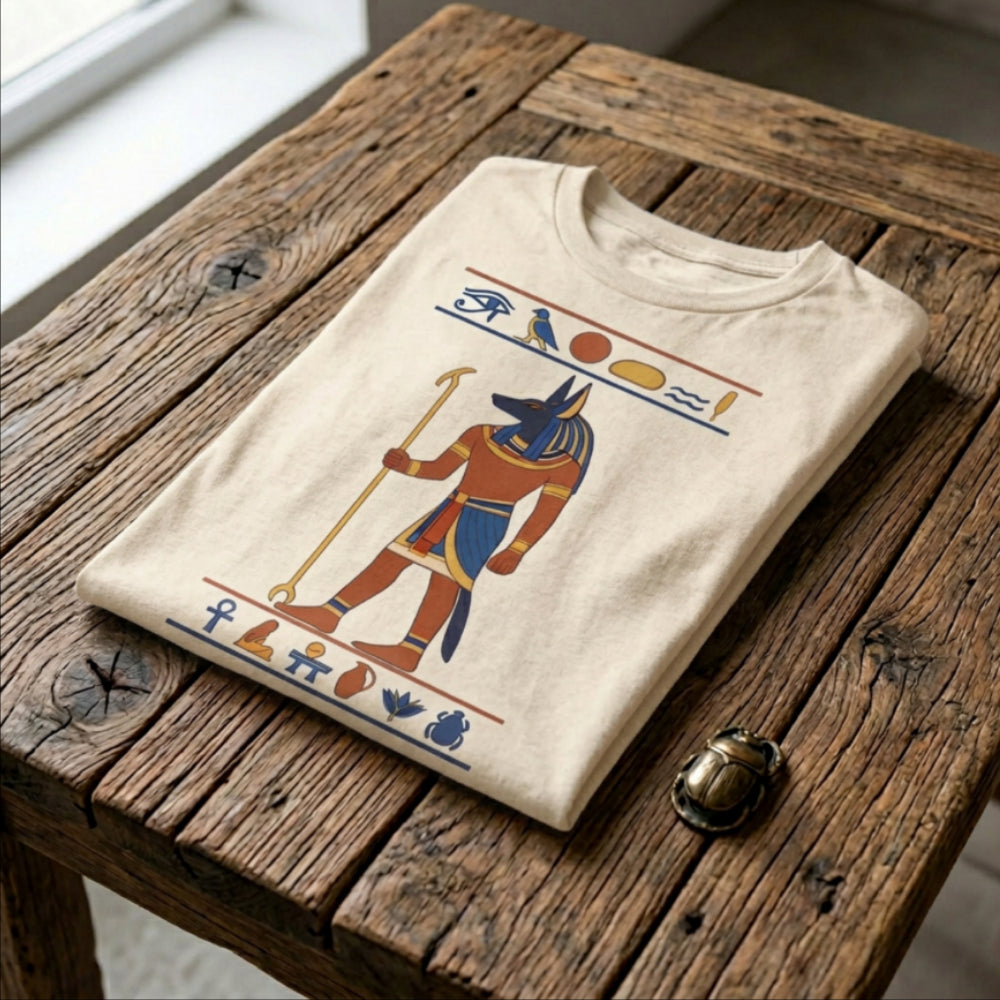 Cream t-shirt with Egyptian Anubis god graphic and hieroglyphs.