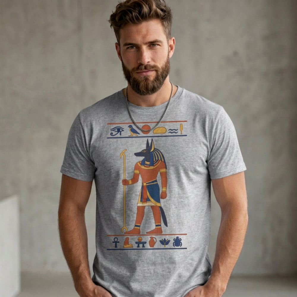 Gray t-shirt with Anubis figure and Egyptian hieroglyphs.