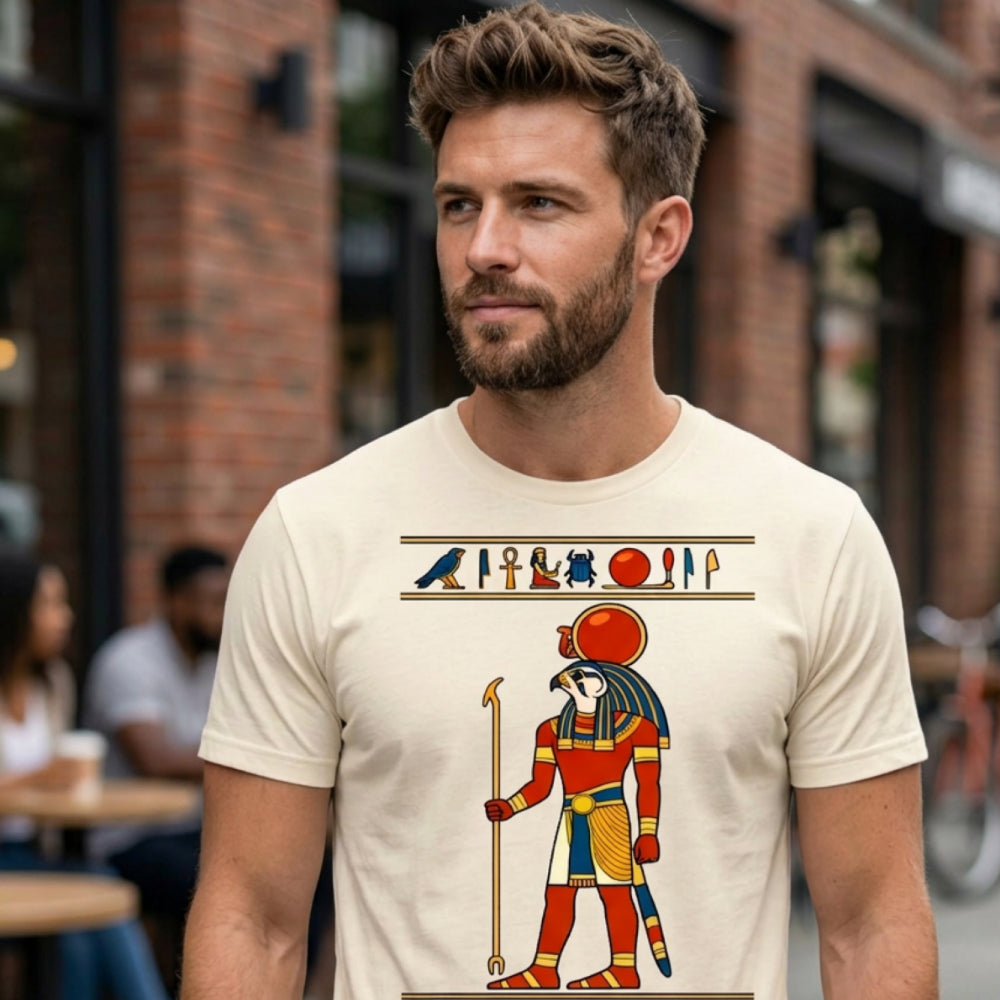 Cream t-shirt featuring ancient Egyptian deities Ra and Anubis in colorful illustration.