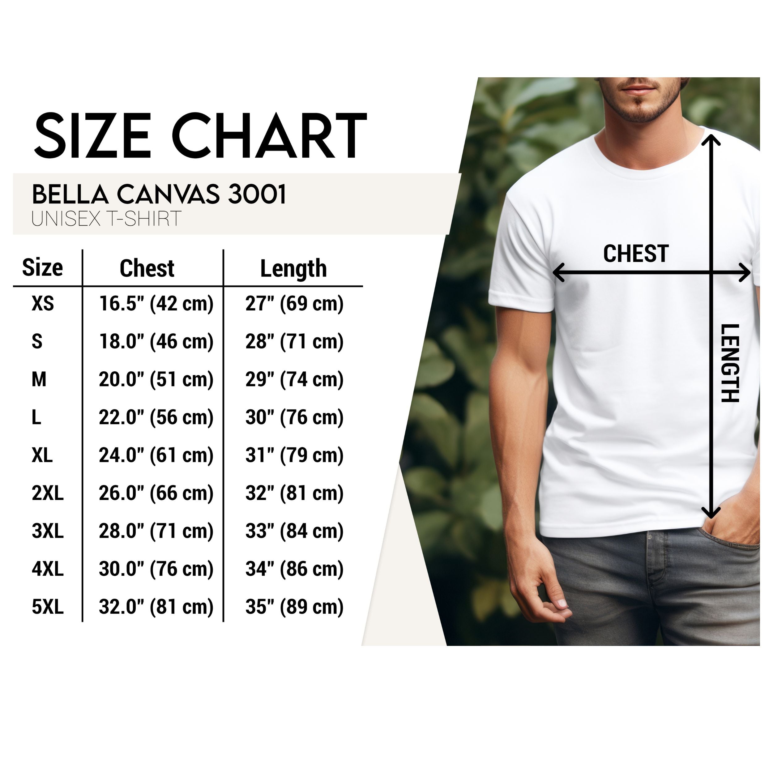 Bella Canvas 3001 unisex t-shirt size chart with chest and length measurements.