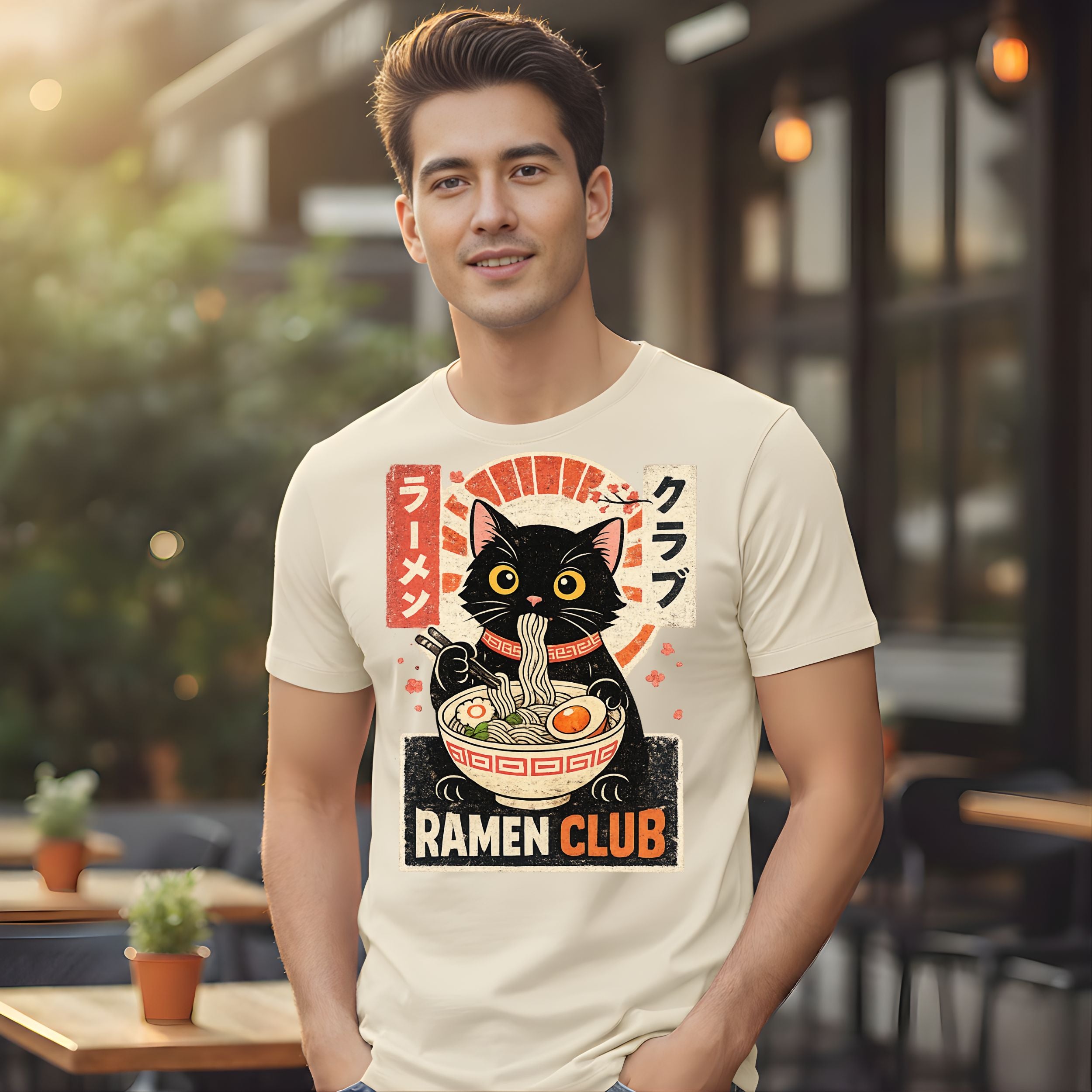 Cute Black Cat Ramen Club Graphic Tee Shirt