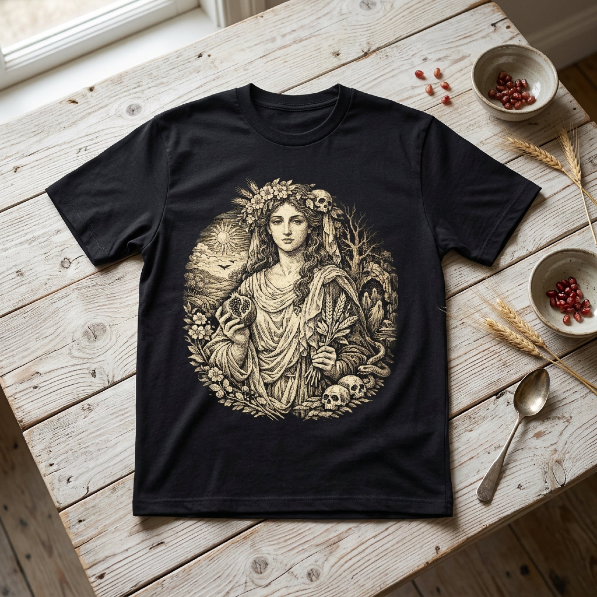Black t-shirt with circular mythological illustration of a woman holding fruit and wheat.