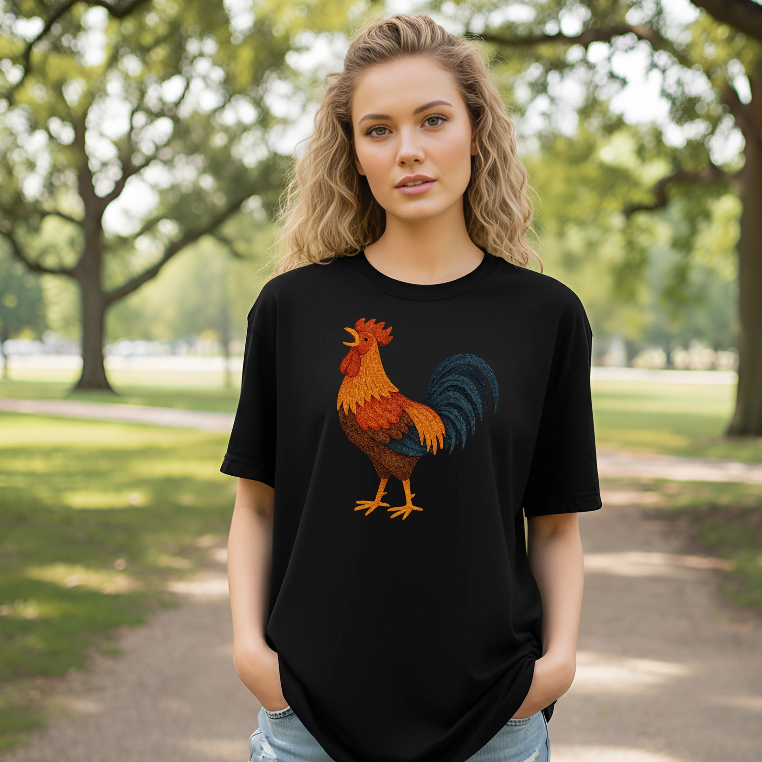 Vibrant Rooster Graphic on Black T-shirt for Casual Wear