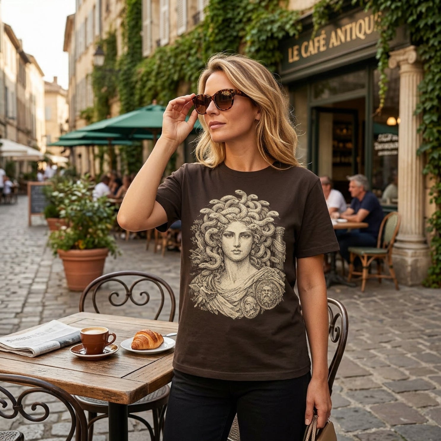 Woman wearing brown t-shirt with Medusa graphic, standing outside cafe.