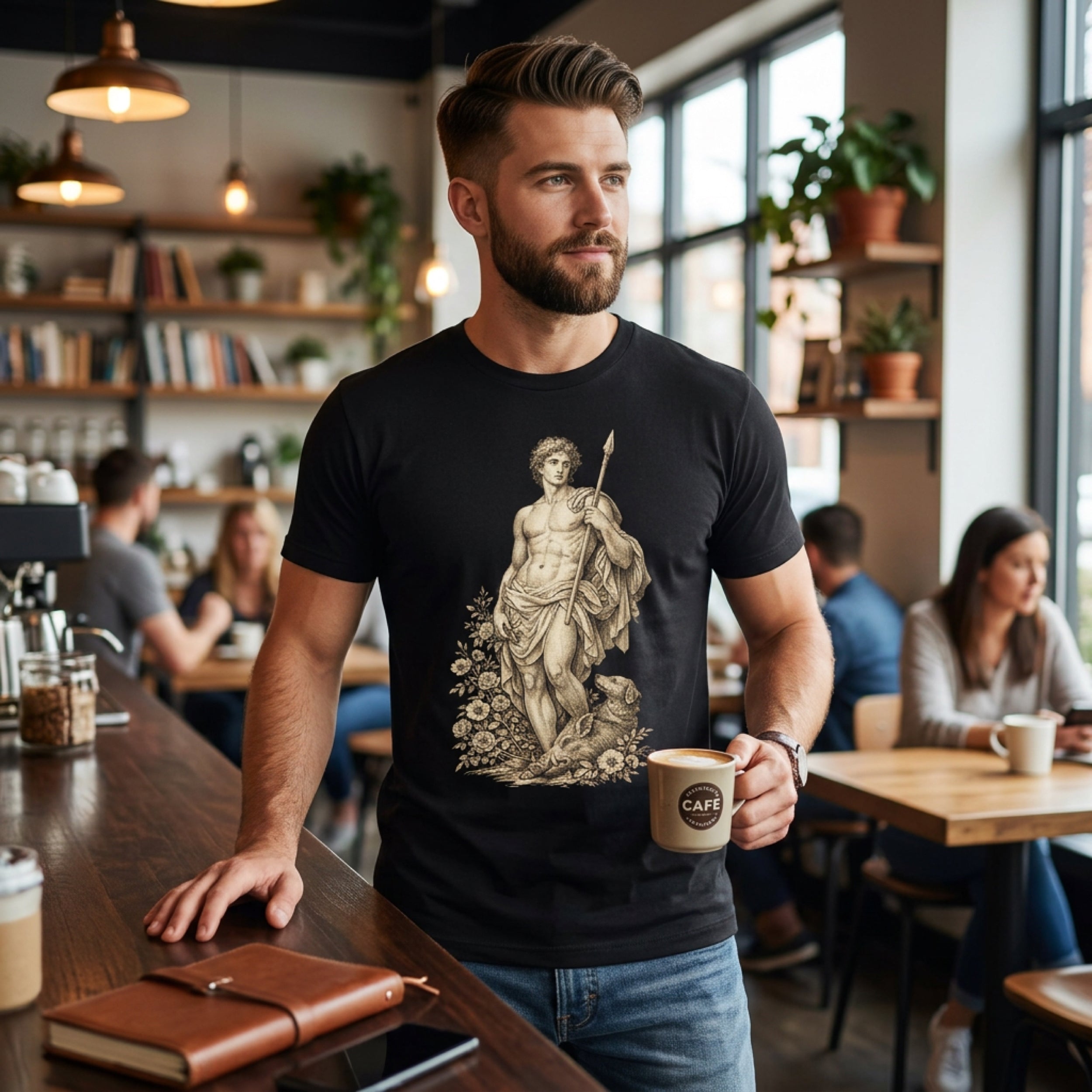 Man in black t-shirt featuring ancient Greek statue and dog, holding coffee cup.