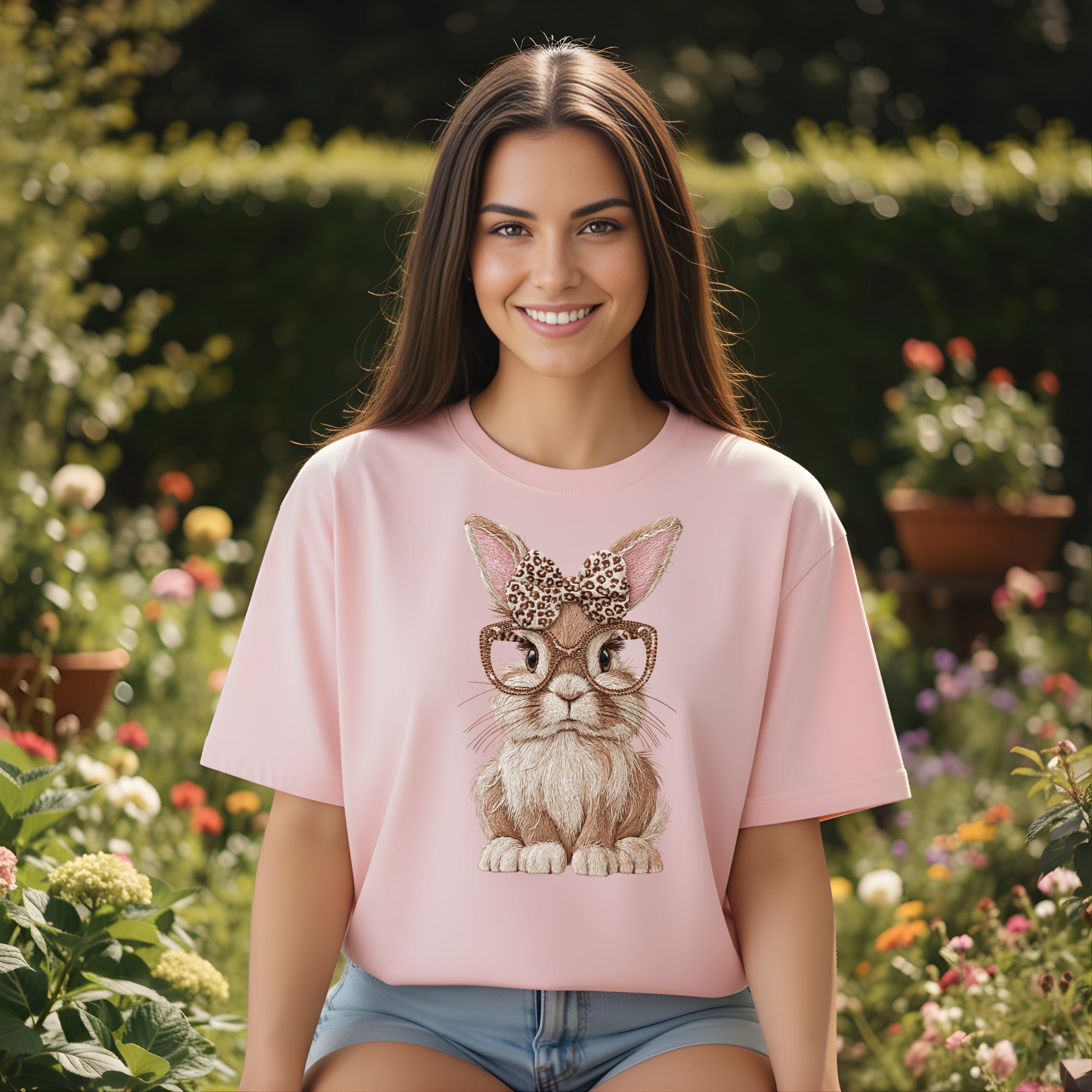 Cute Bunny with Glasses Pink Short-Sleeve T-Shirt