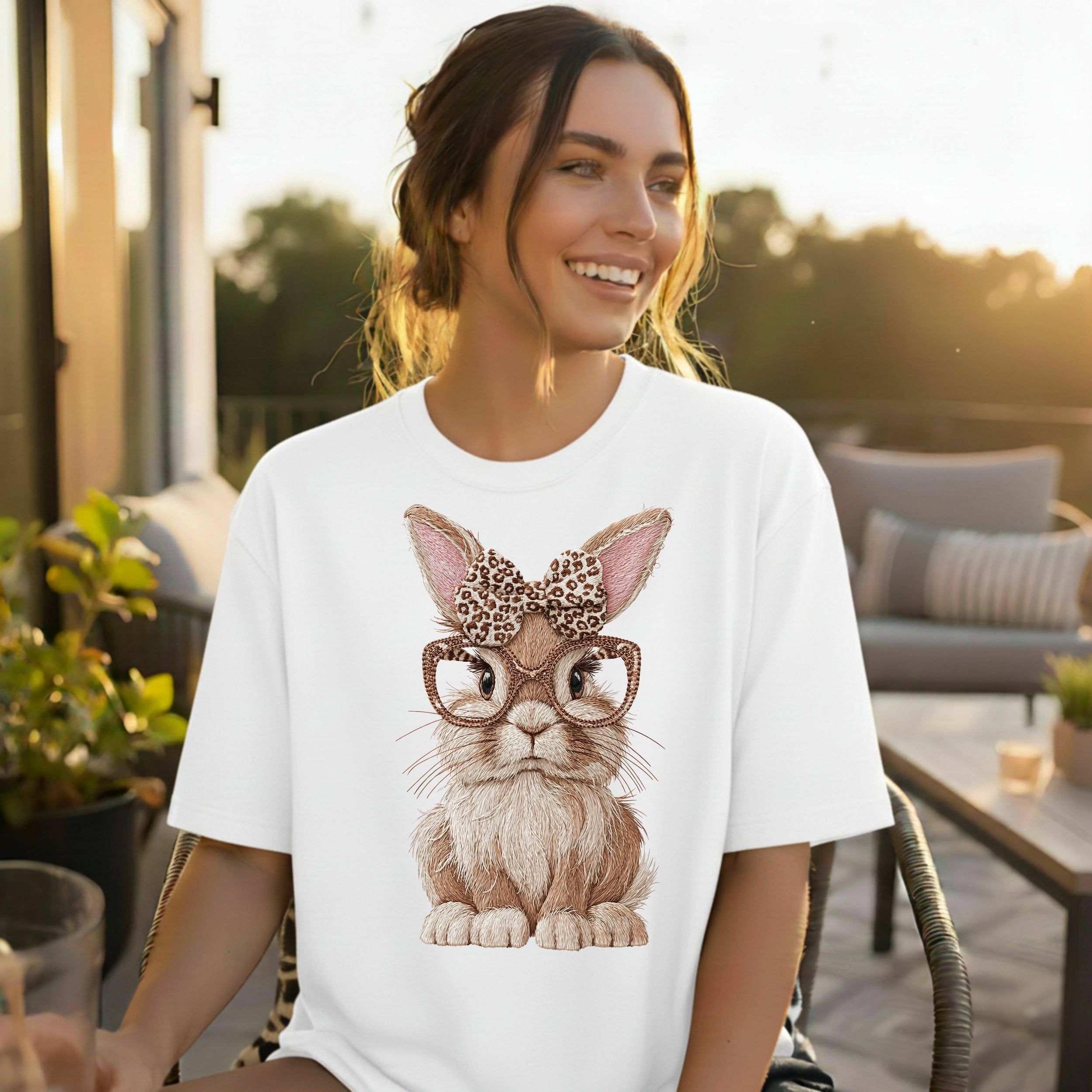 Cute Bunny Print T-shirt with Glasses and Bow Design