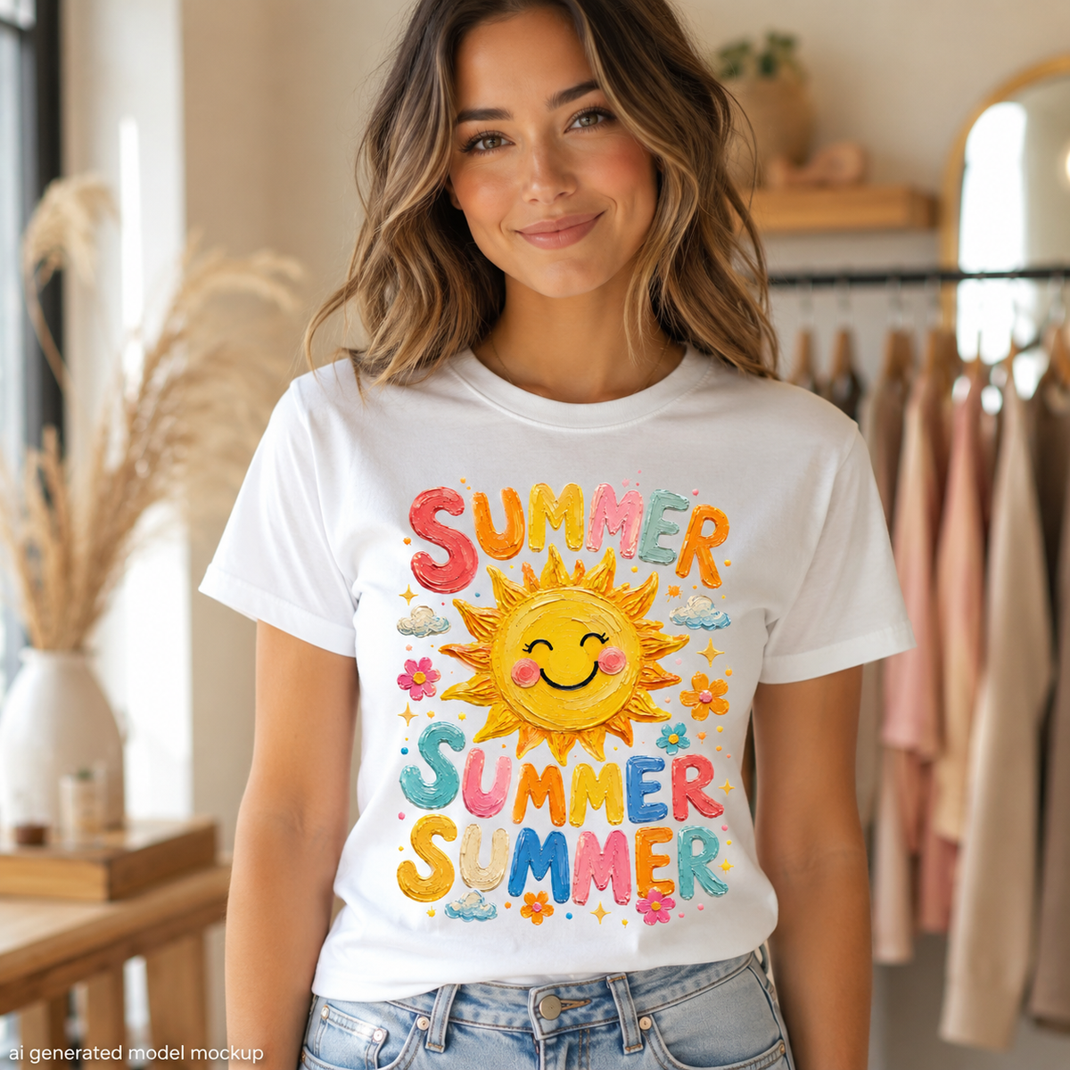 White t-shirt with colorful "SUMMER SUMMER SUMMER" text and a smiling sun graphic.