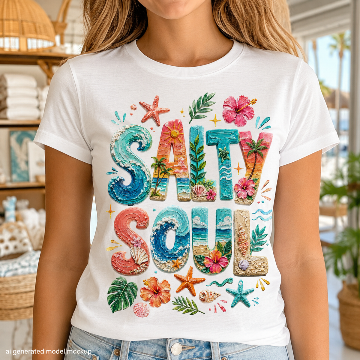 White t-shirt with "SALTY SOUL" text featuring beach and ocean-themed graphic elements.