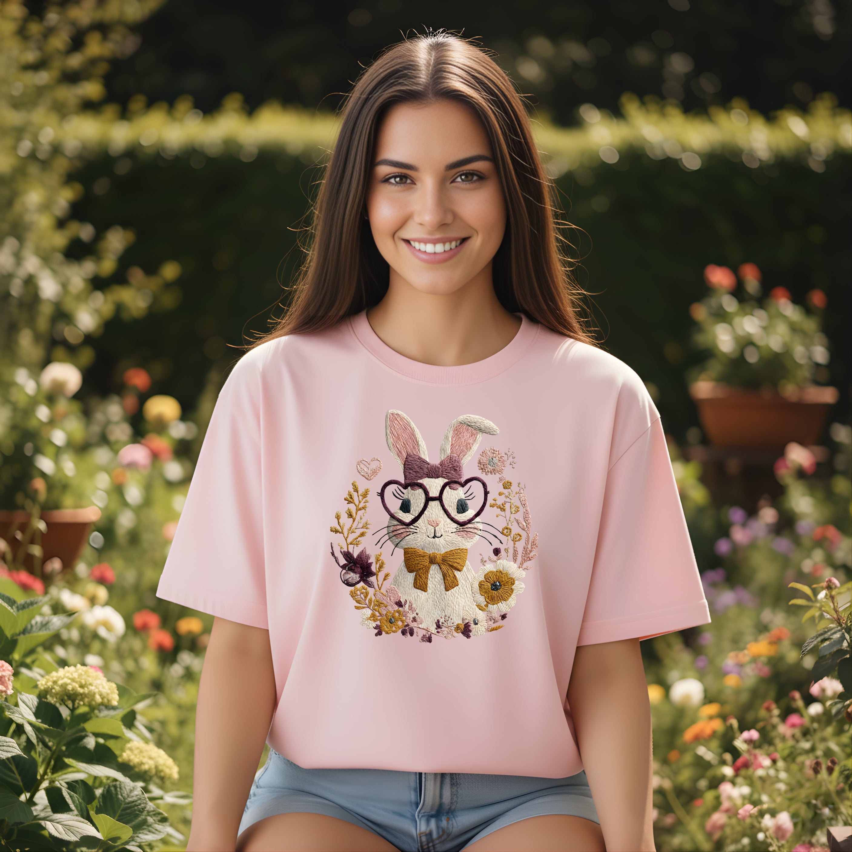 Adorable Cartoon Bunny in Glasses Tee Shirt