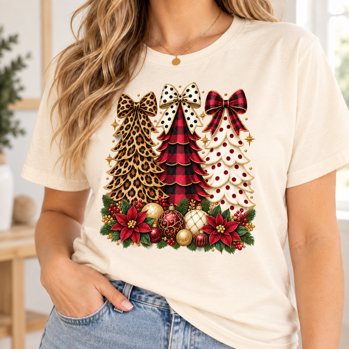 Christmas trees with leopard, plaid, and polka dot patterns and festive ornaments.