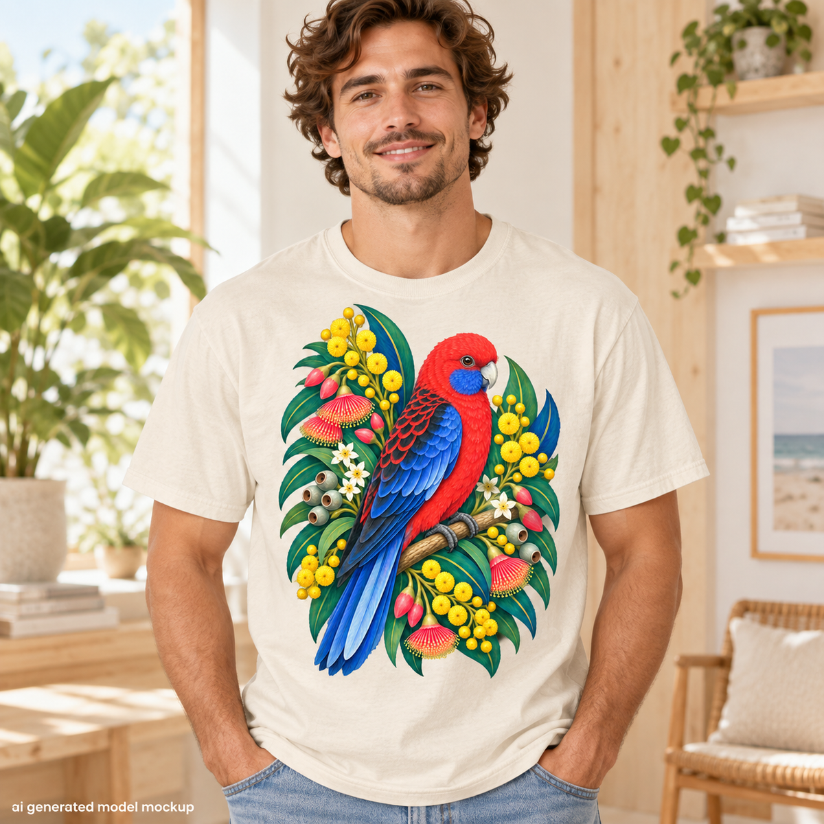 Crimson rosella parrot perched on a branch with native Australian flora on a light t-shirt.