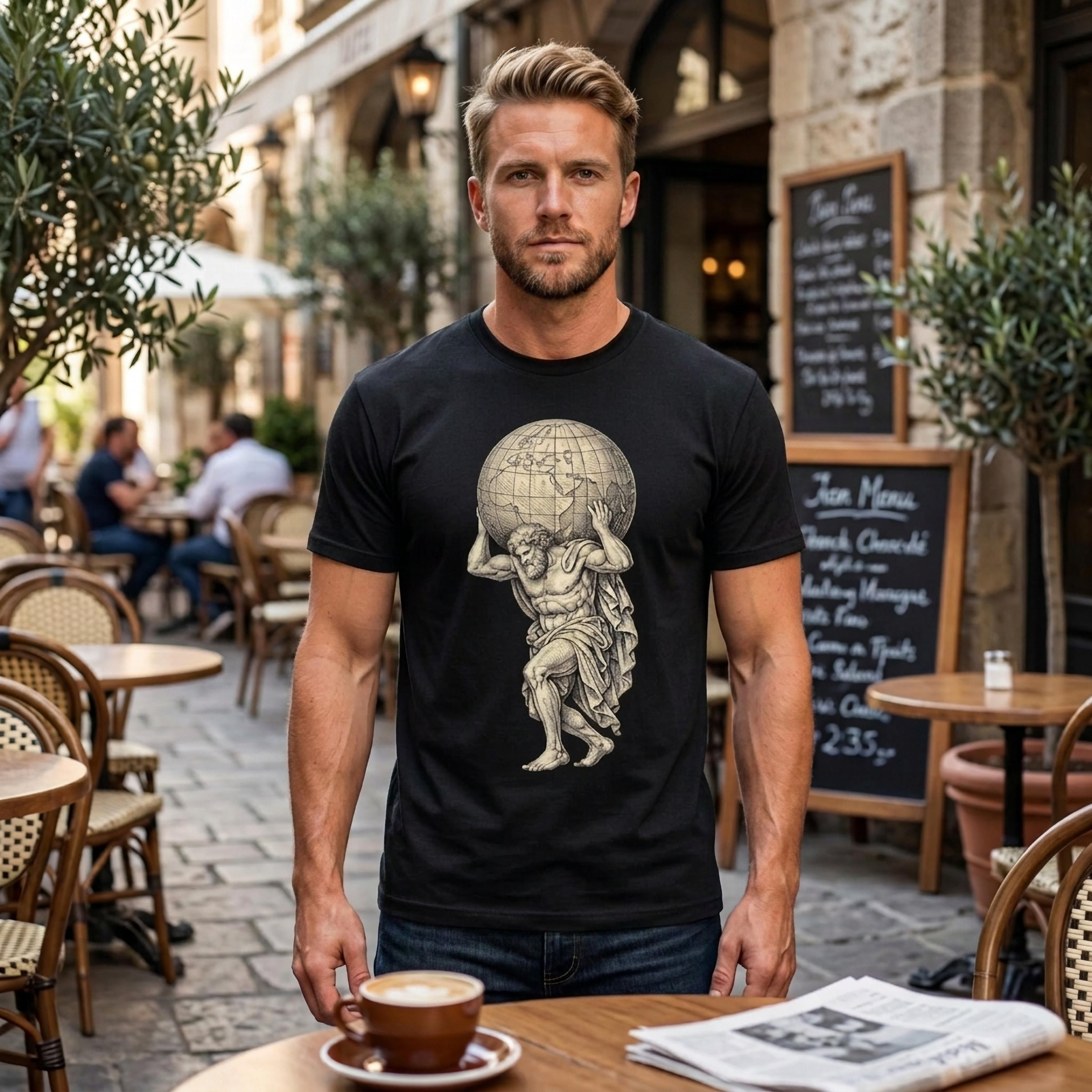 Man wearing a black t-shirt with Atlas holding the globe graphic.