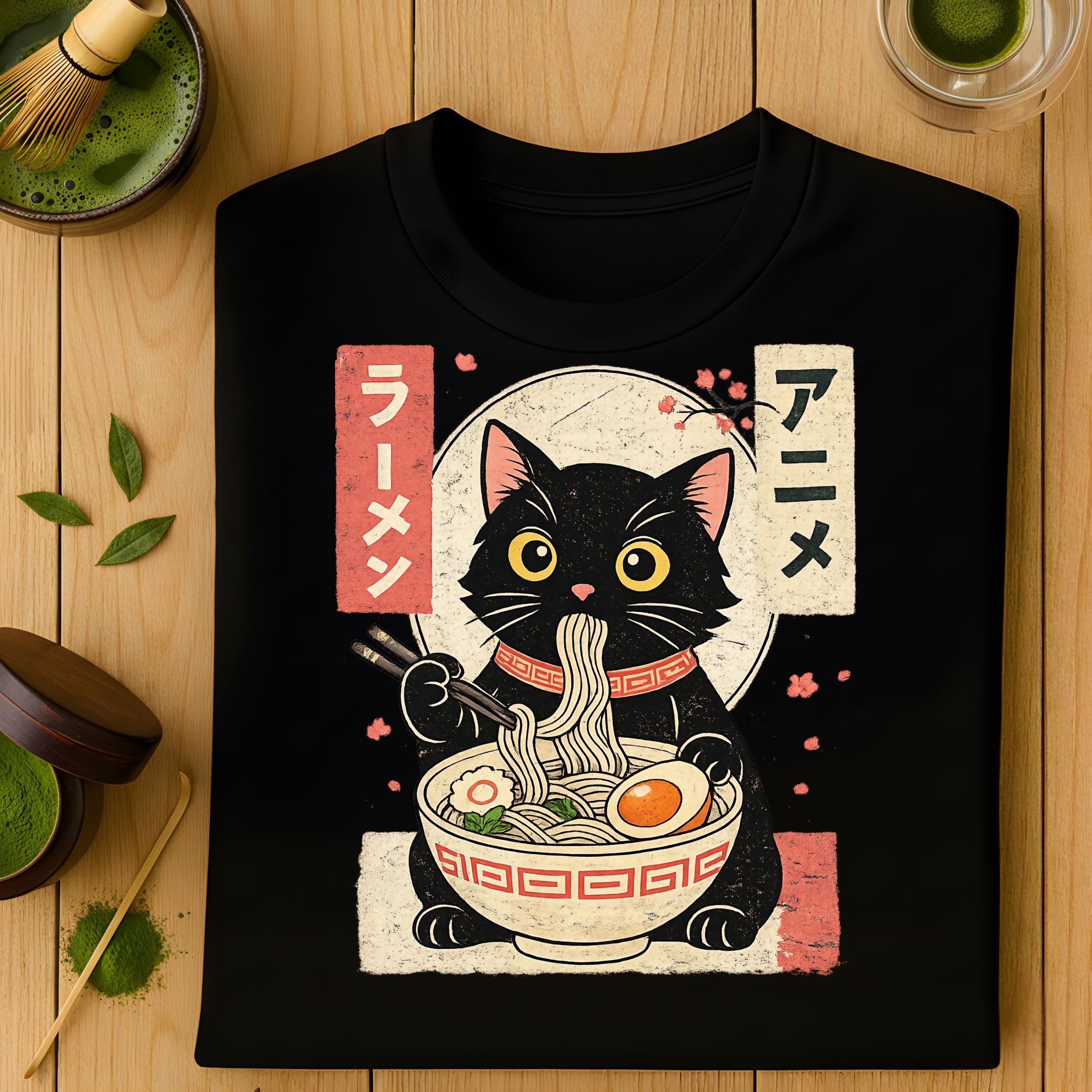 Cute Black Cat Eating Ramen Anime T-shirt