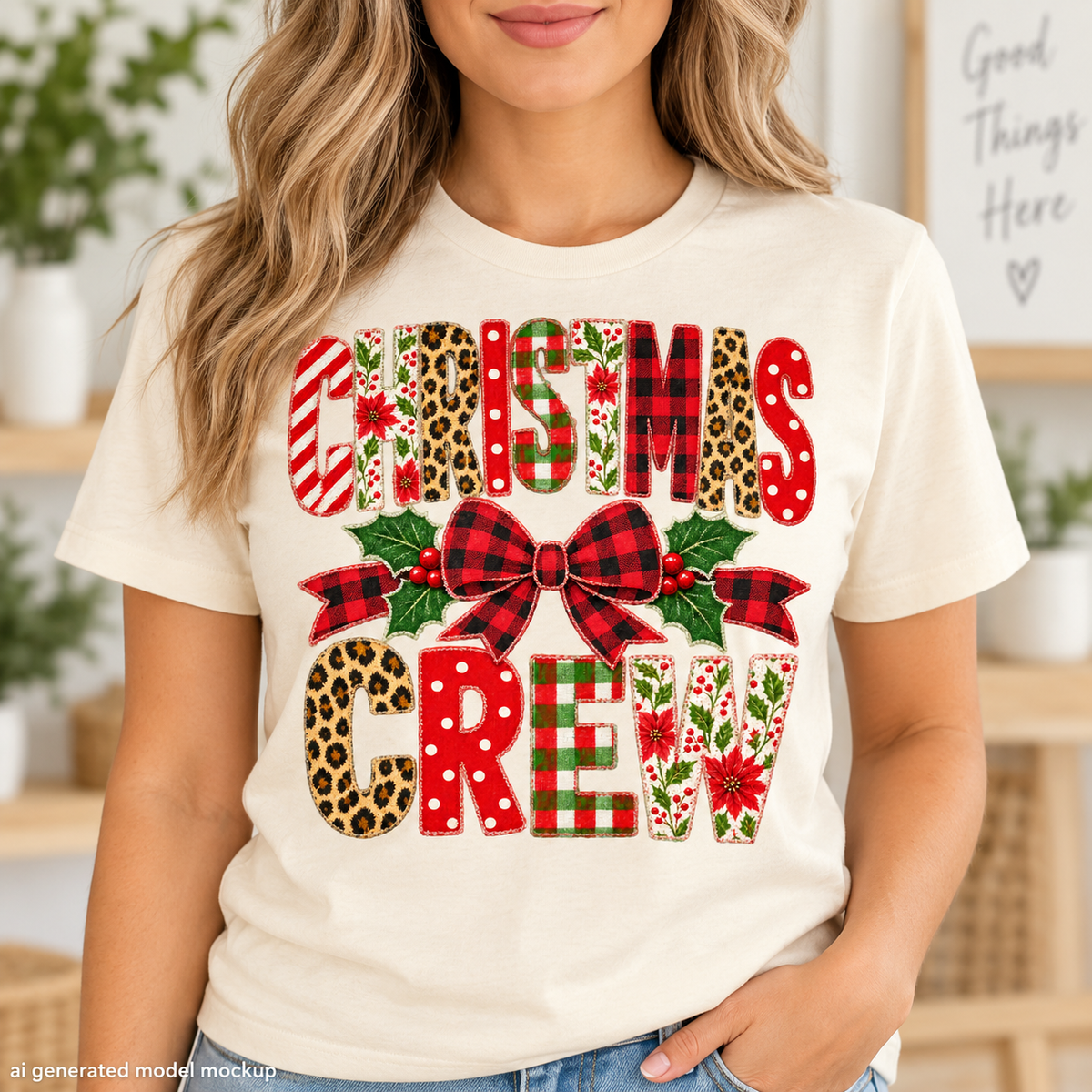 Cream t-shirt with "Christmas Crew" text in festive patterns.