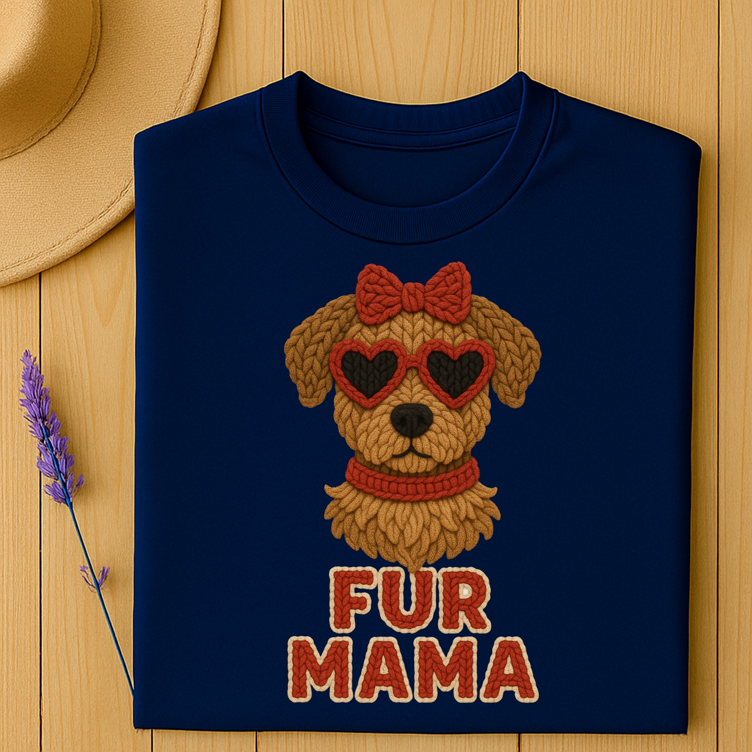 Dark blue sweatshirt with a knit-style dog wearing heart sunglasses and "FUR MAMA" text.