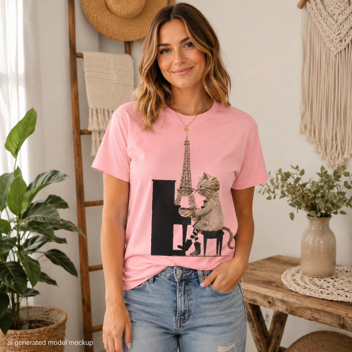 Pink t-shirt with a graphic of a cat playing a piano in front of the Eiffel Tower.